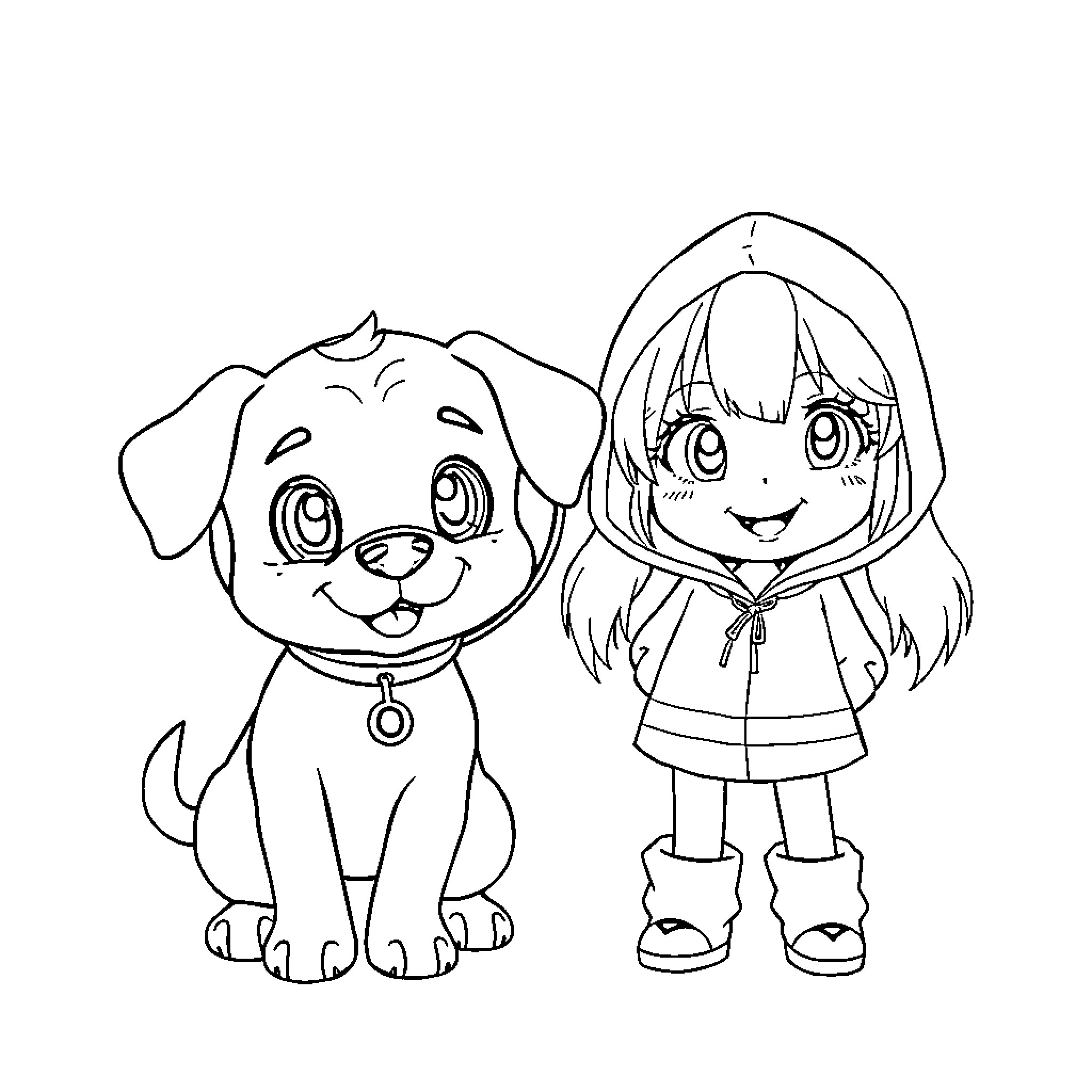 Pocchaco's Playful Puppy and Cheerful Girl Coloring Page (free black-and-white line drawing printable PDF for all, from beginners to advanced learners, including children, teens, adults, and seniors)