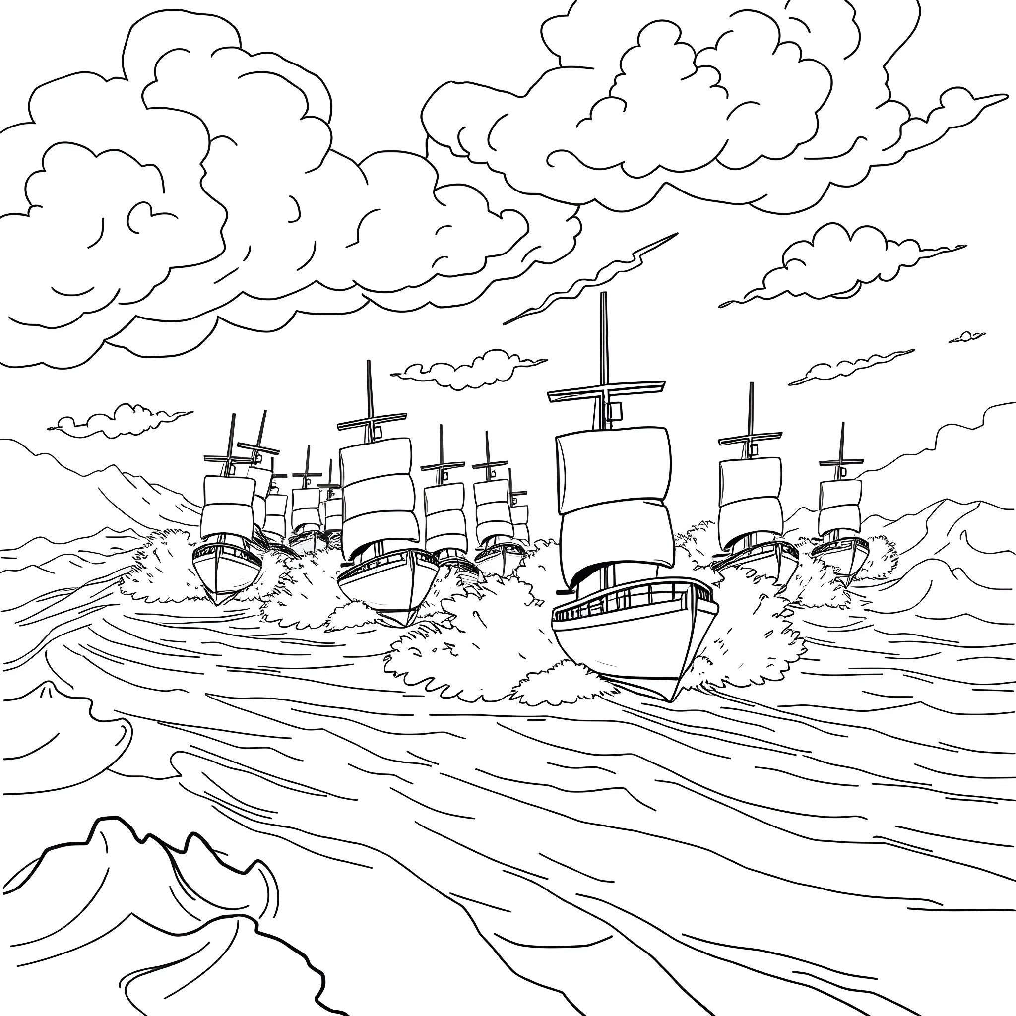 Yacht sailing on the rough seas Coloring Page (free black-and-white line drawing printable PDF for all, from beginners to advanced learners, including children, teens, adults, and seniors)
