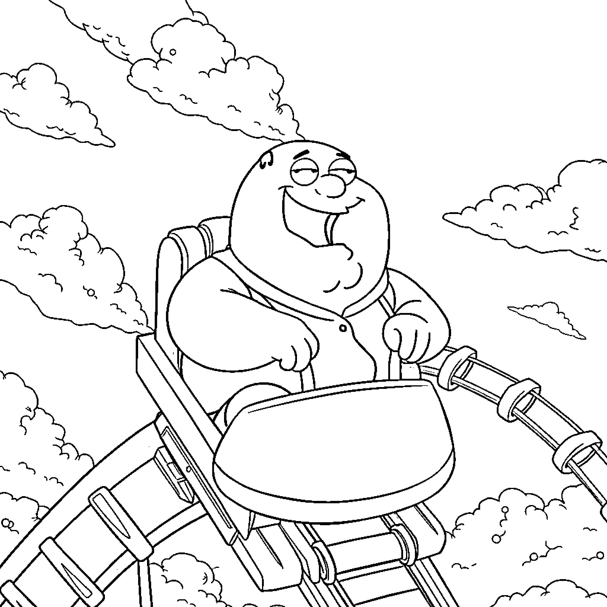 Peter Griffin Enjoying a Thrilling Ride on a Rollercoaster Coloring Page (free black-and-white line drawing printable PDF for all, from beginners to advanced learners, including children, teens, adults, and seniors)