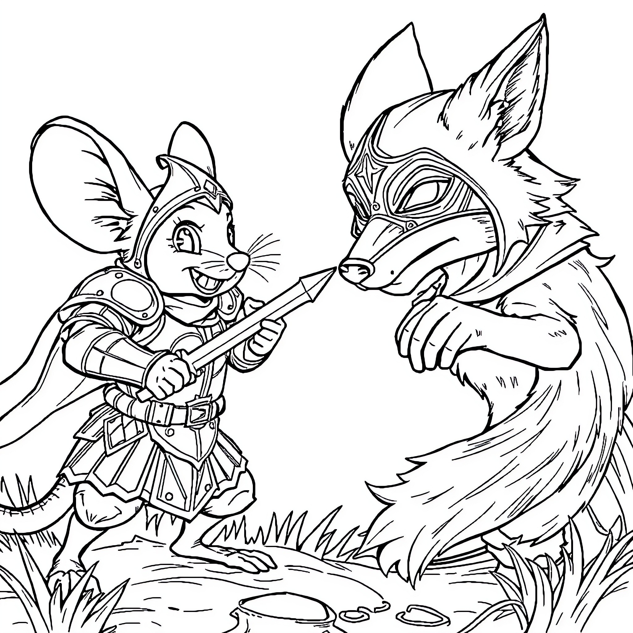 Mouse warrior confronting cunning wolf in the wilderness Coloring Page (free black-and-white line drawing printable PDF for all, from beginners to advanced learners, including children, teens, adults, and seniors)