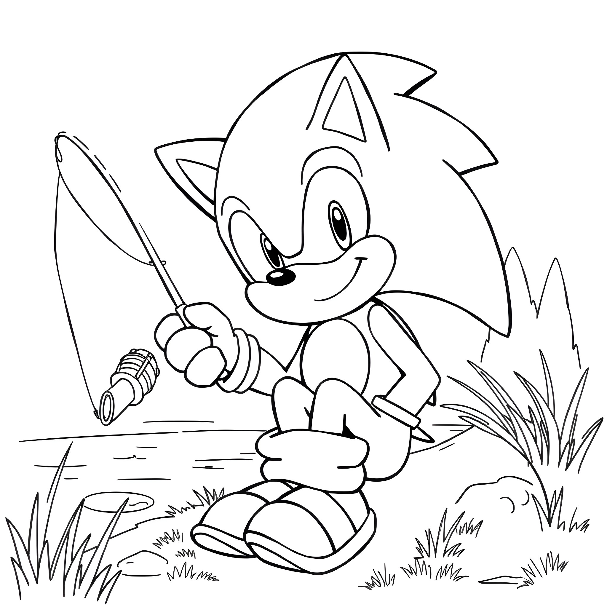 Sonic the Hedgehog exploring outdoors with a fishing rod Coloring Page (free black-and-white line drawing printable PDF for all, from beginners to advanced learners, including children, teens, adults, and seniors)