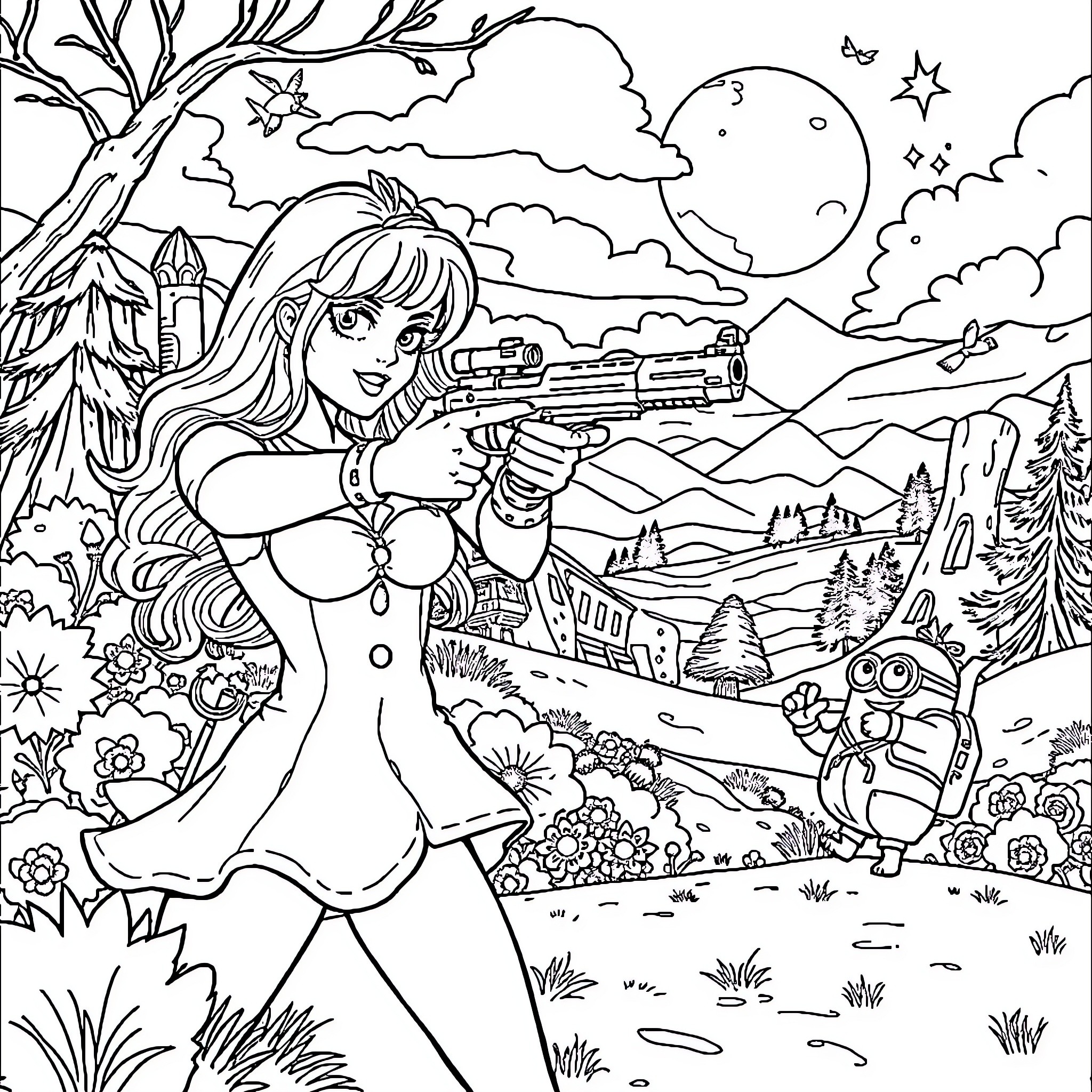 Miss Fortune's Adventurous Escapades in the Enchanted Landscape Coloring Page (free black-and-white line drawing printable PDF for all, from beginners to advanced learners, including children, teens, adults, and seniors)