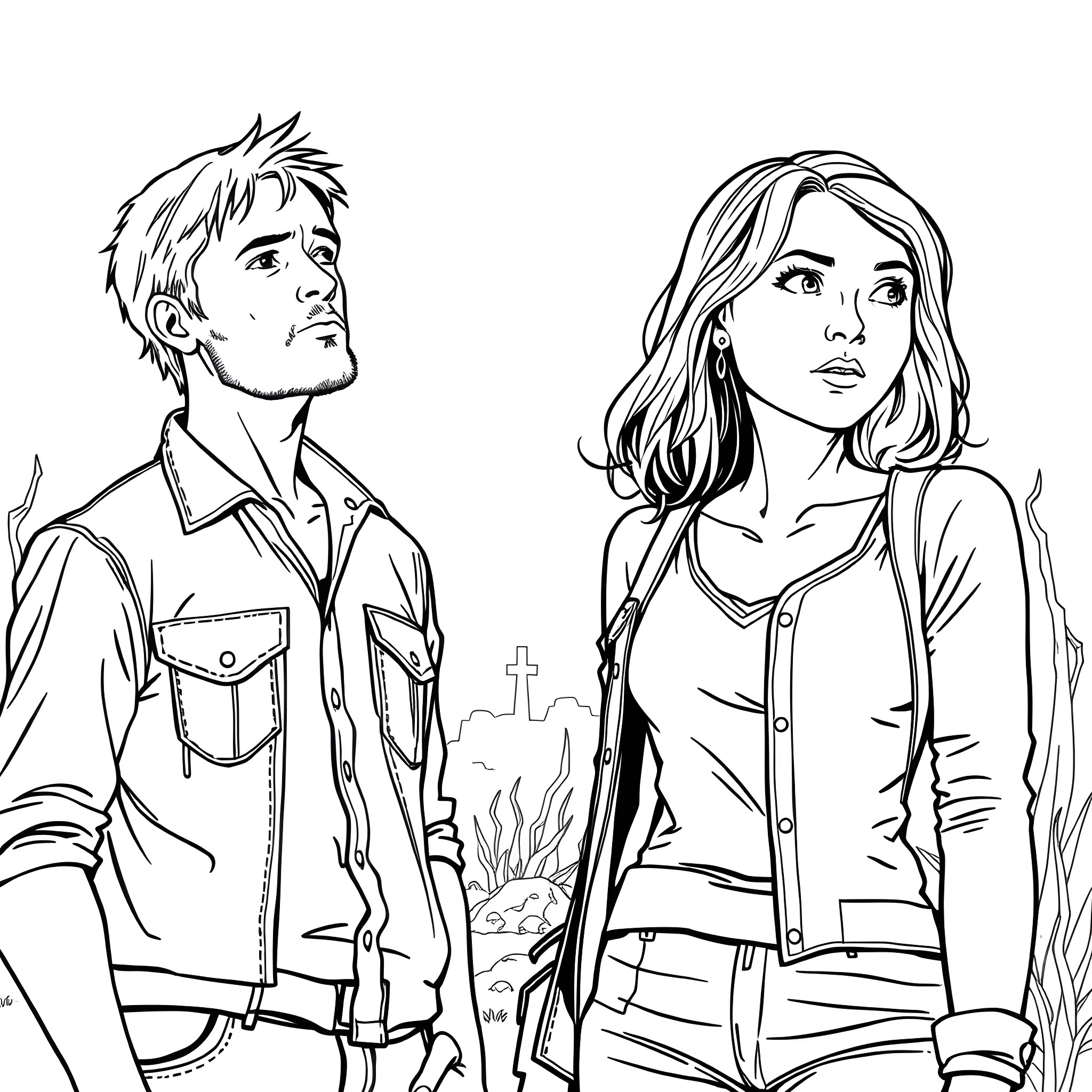 Carl Grimes and Companion in Outdoor Setting Coloring Page (free black-and-white line drawing printable PDF for all, from beginners to advanced learners, including children, teens, adults, and seniors)