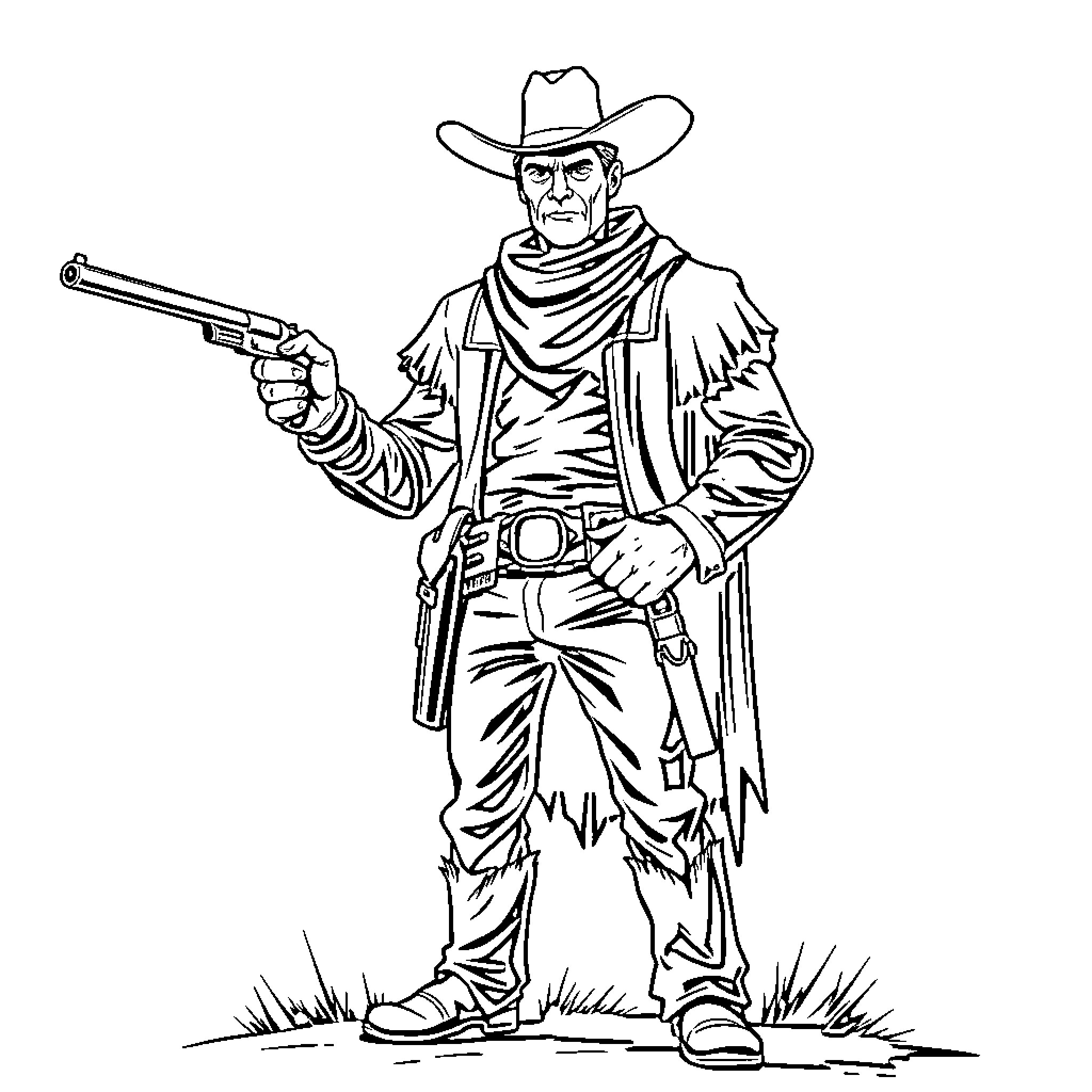 Geronimo - Rugged Cowboy with Revolver Coloring Page (free black-and-white line drawing printable PDF for all, from beginners to advanced learners, including children, teens, adults, and seniors)