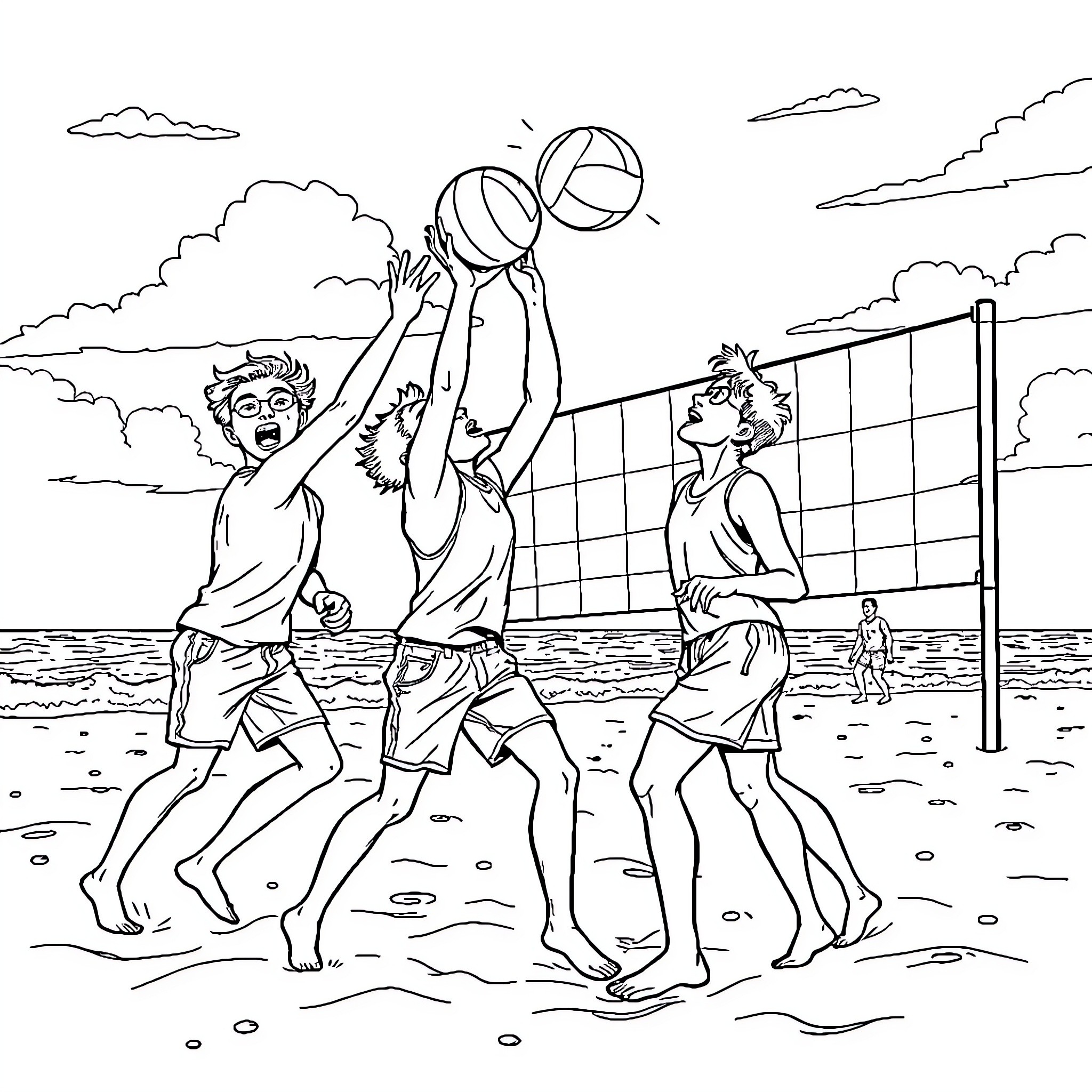 Nerd friends playing volleyball at the beach Coloring Page (free black-and-white line drawing printable PDF for all, from beginners to advanced learners, including children, teens, adults, and seniors)