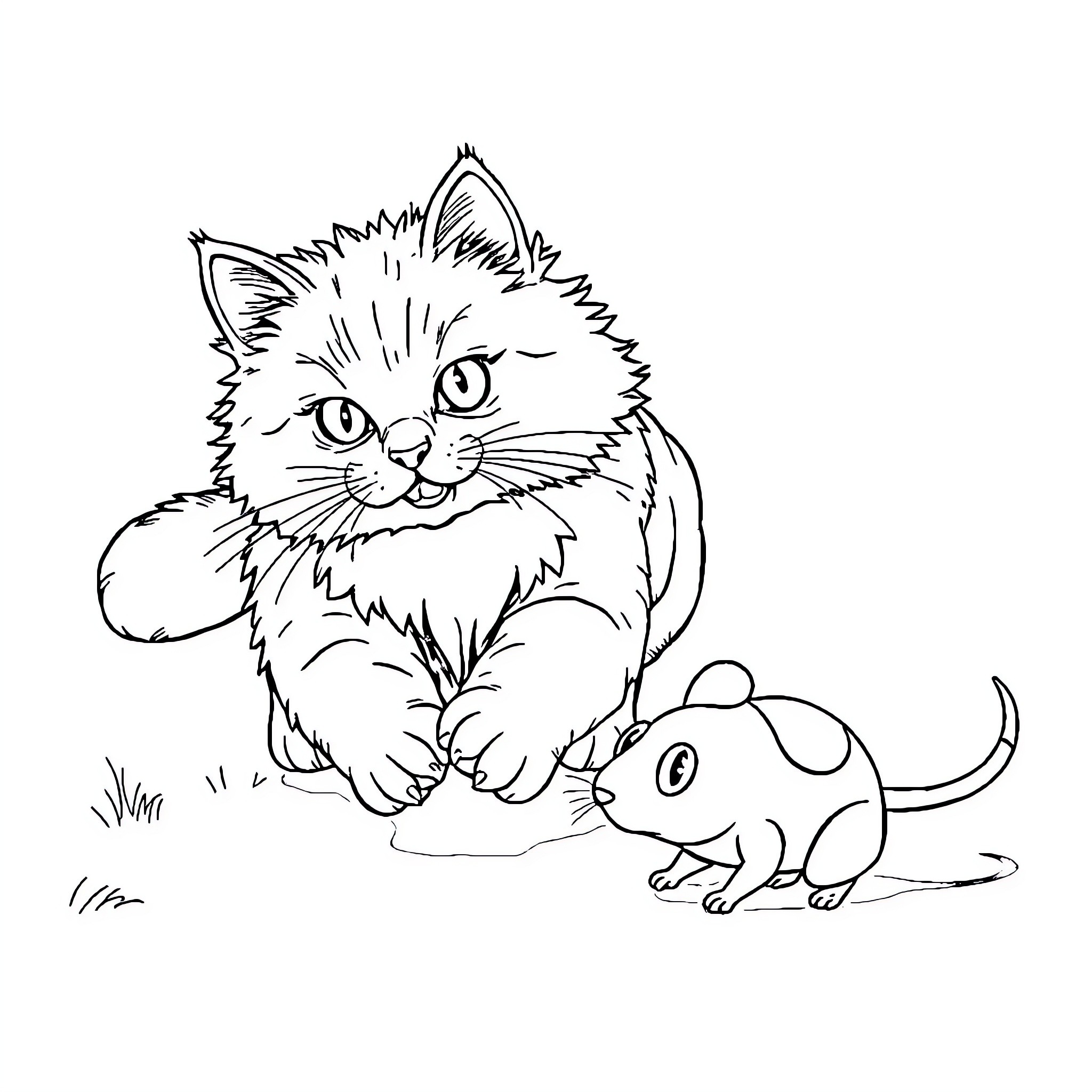 Cat chasing mouse on grassy field Coloring Page (free black-and-white line drawing printable PDF for all, from beginners to advanced learners, including children, teens, adults, and seniors)