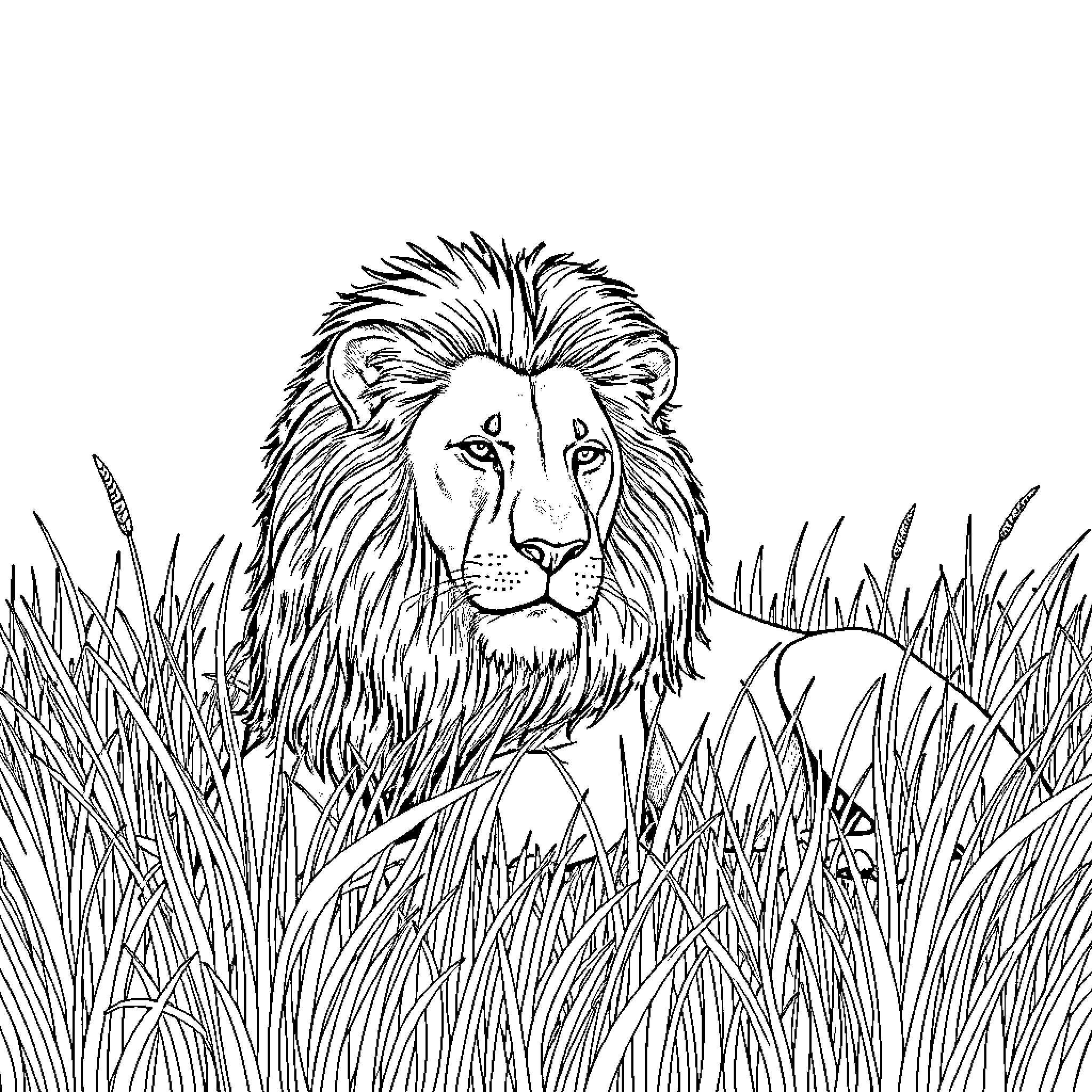 Lion resting majestically in the tall grass Coloring Page (free black-and-white line drawing printable PDF for all, from beginners to advanced learners, including children, teens, adults, and seniors)