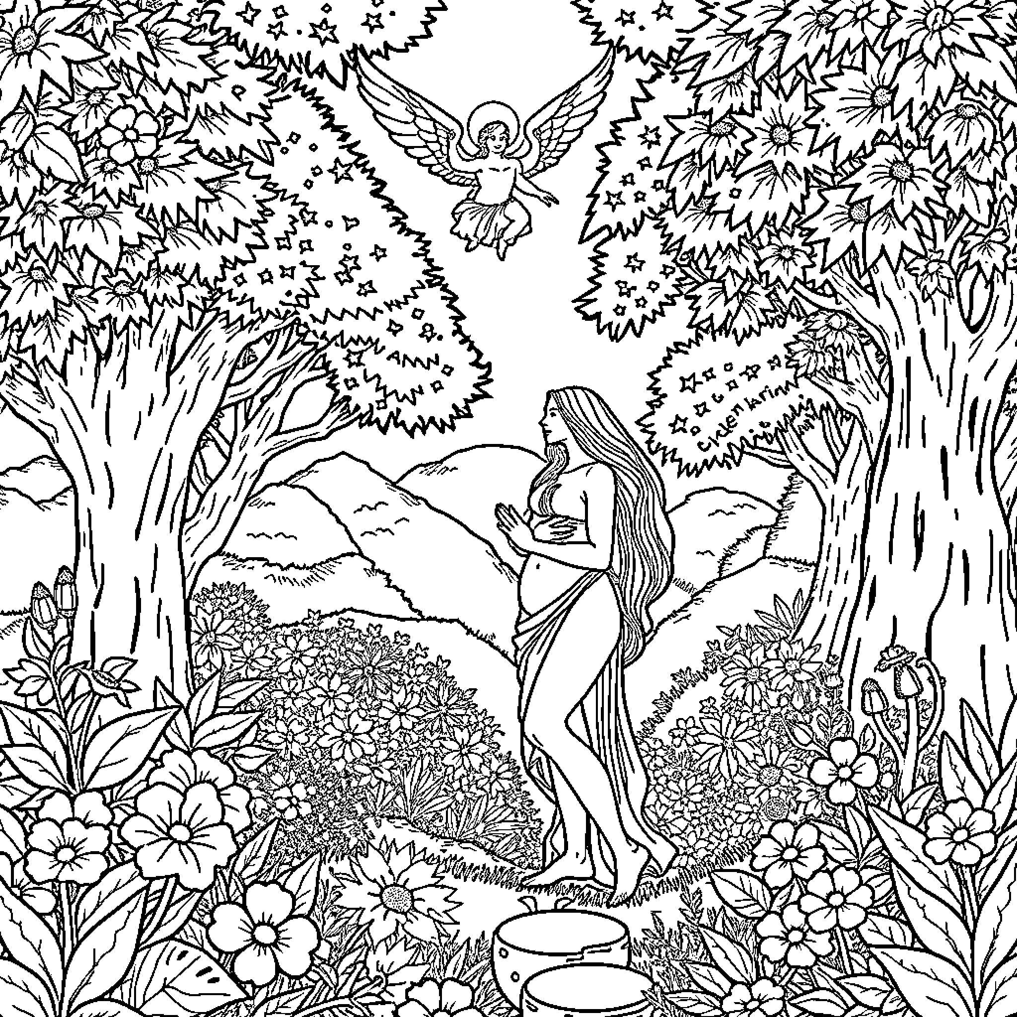 Adam and Eve in the Garden of Eden Coloring Page (free black-and-white line drawing printable PDF for all, from beginners to advanced learners, including children, teens, adults, and seniors)