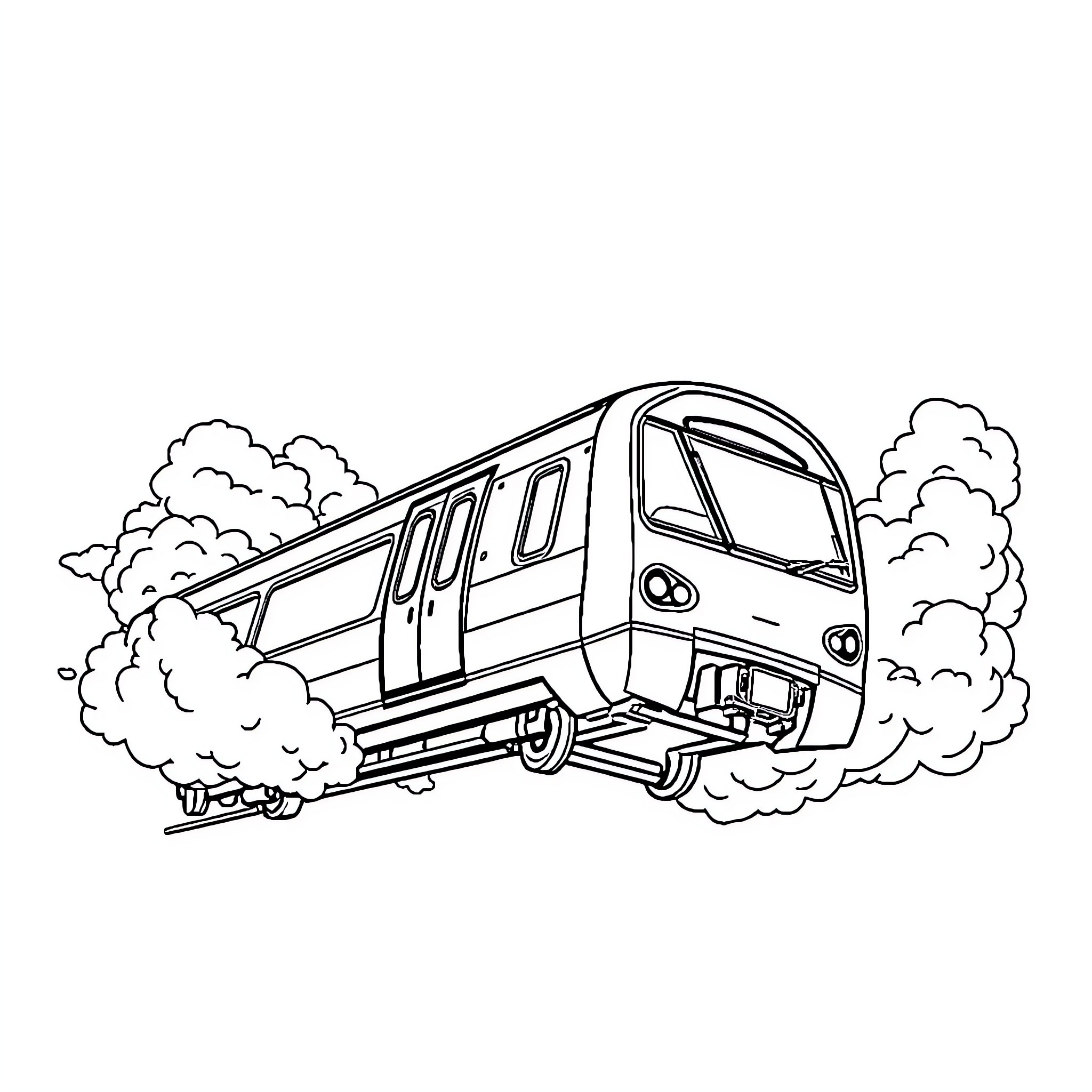 Train speeding through clouds of steam Coloring Page (free black-and-white line drawing printable PDF for all, from beginners to advanced learners, including children, teens, adults, and seniors)