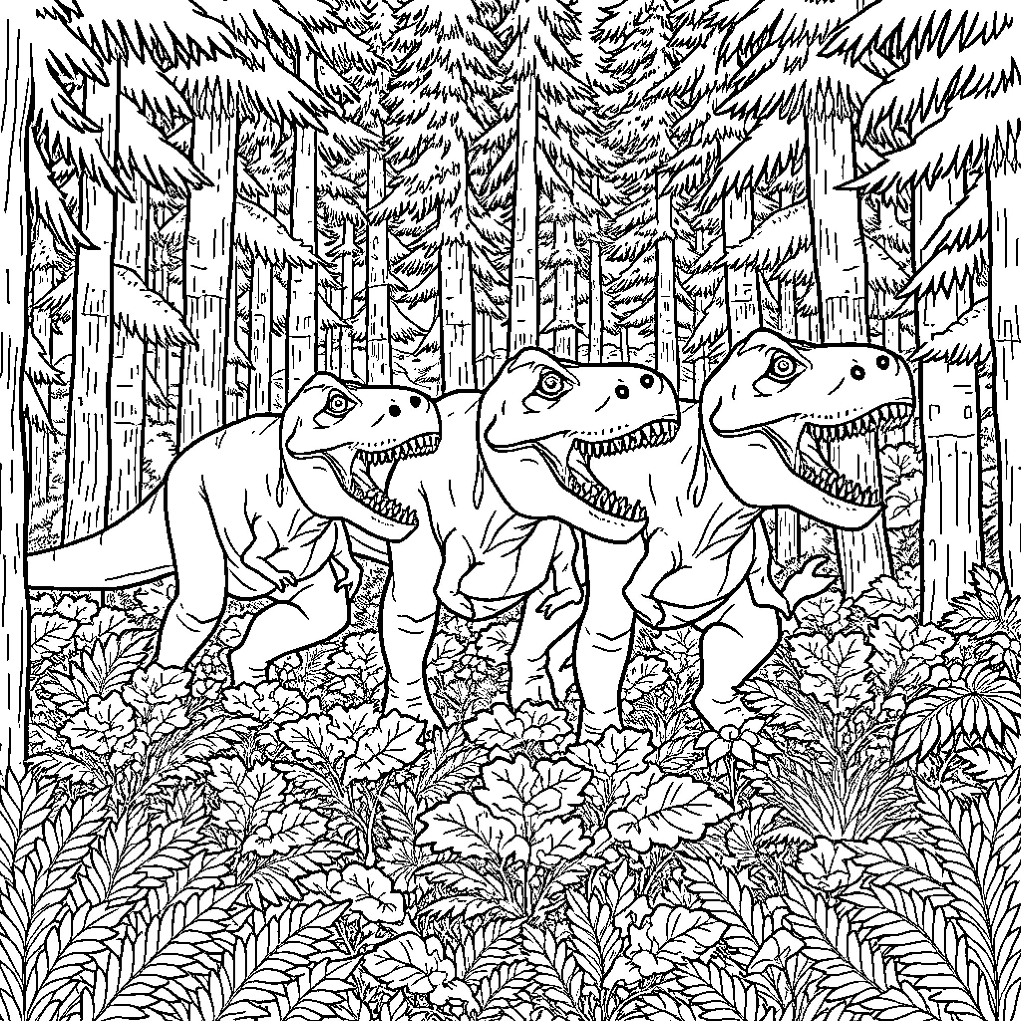 T-Rex Dinosaurs Roaming Prehistoric Forest Coloring Page (free black-and-white line drawing printable PDF for all, from beginners to advanced learners, including children, teens, adults, and seniors)