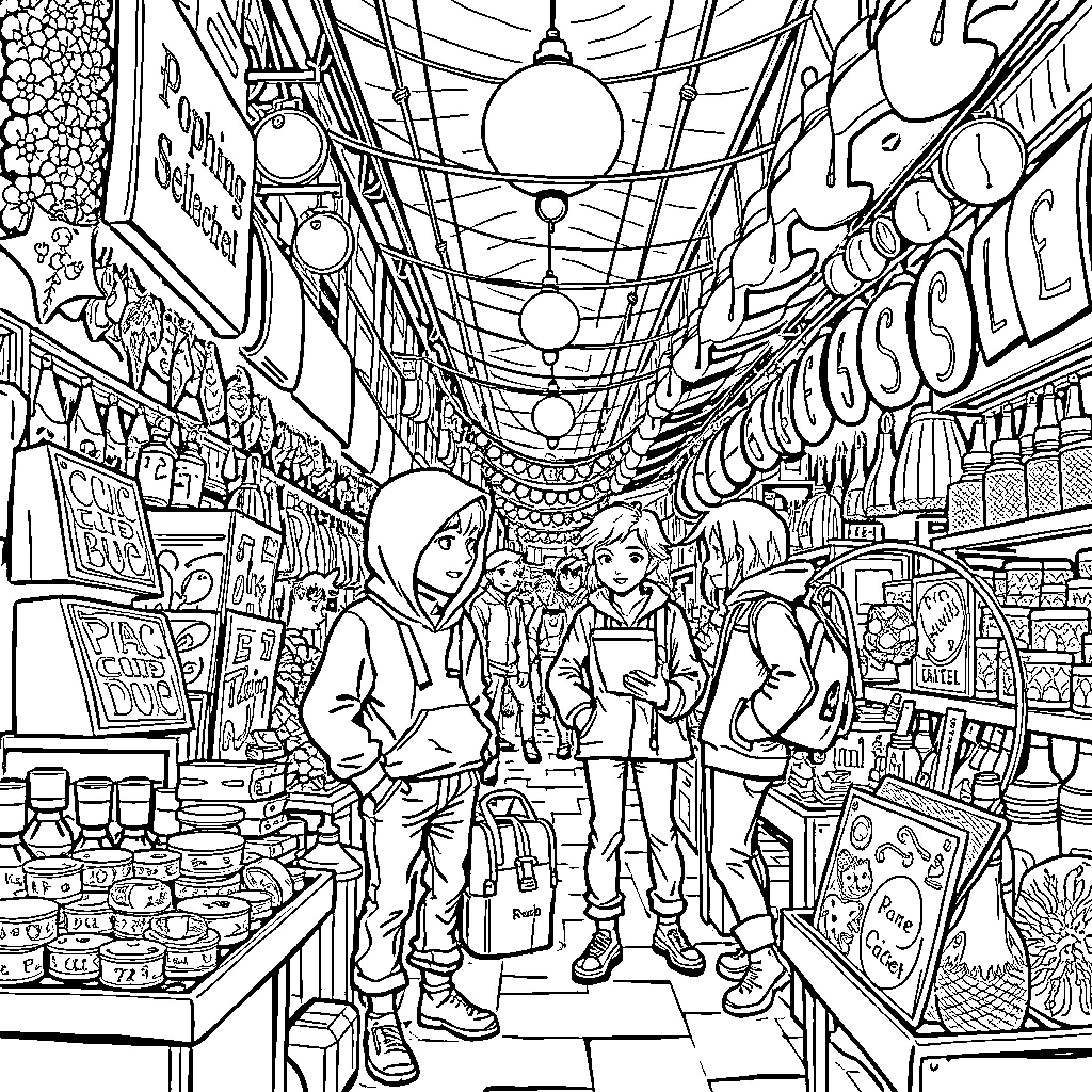 Romi's Whimsical Market Exploration Coloring Page (free black-and-white line drawing printable PDF for all, from beginners to advanced learners, including children, teens, adults, and seniors)