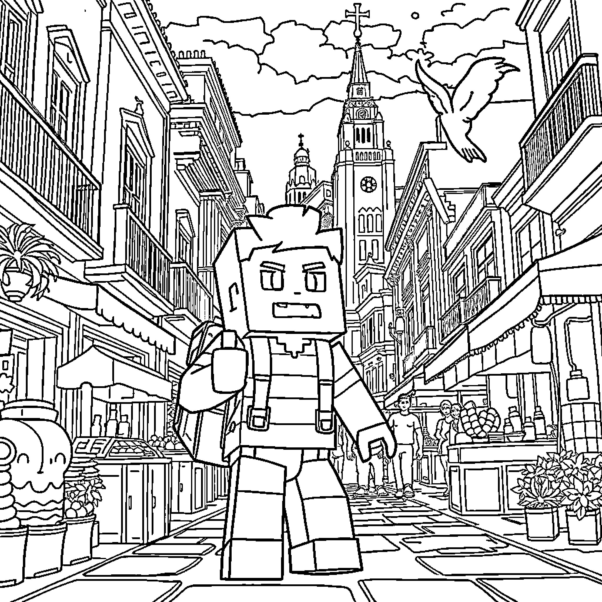 Steve's Pixelated Adventure in the City Streets Coloring Page (free black-and-white line drawing printable PDF for all, from beginners to advanced learners, including children, teens, adults, and seniors)