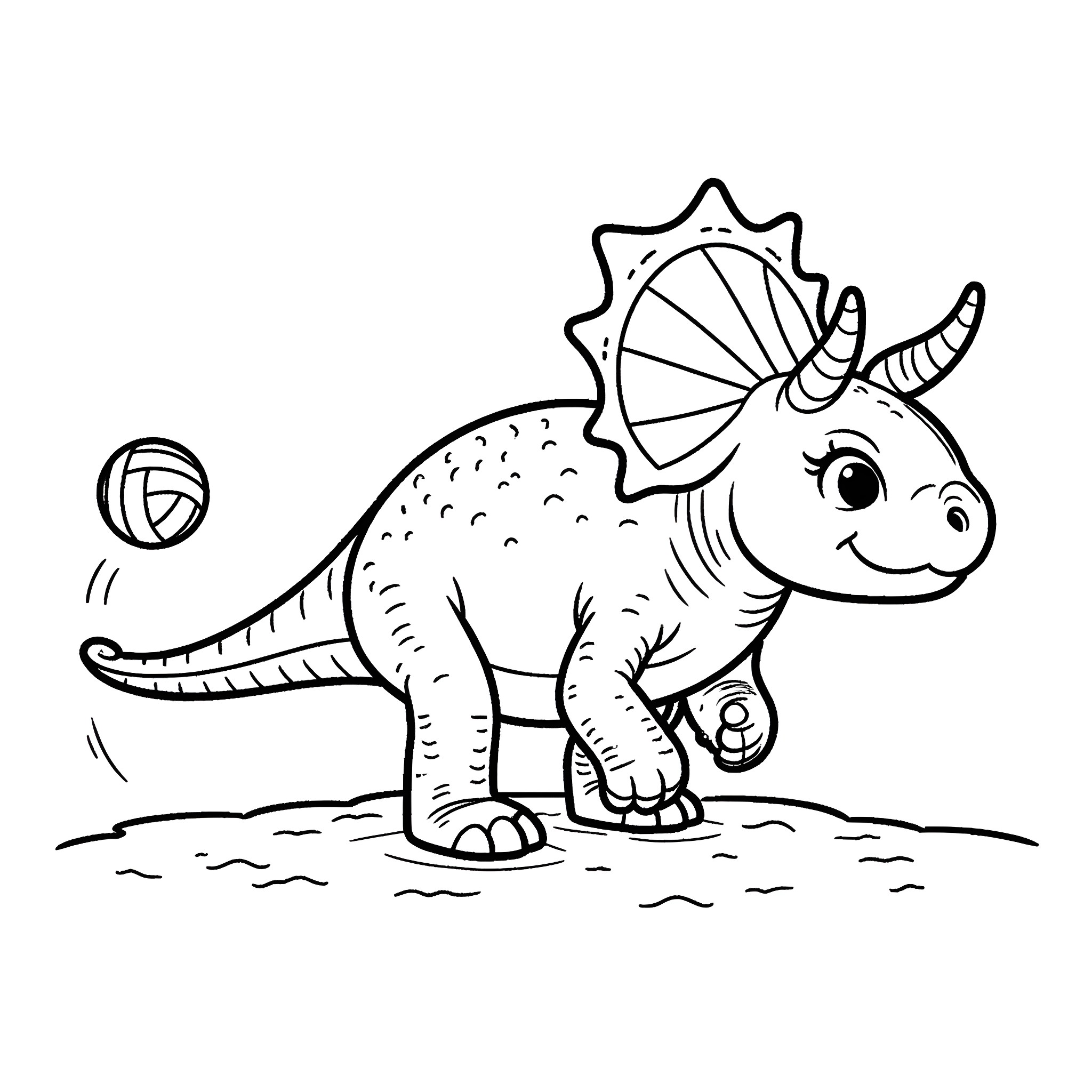 Triceratops playing with toys in the wild Coloring Page (free black-and-white line drawing printable PDF for all, from beginners to advanced learners, including children, teens, adults, and seniors)
