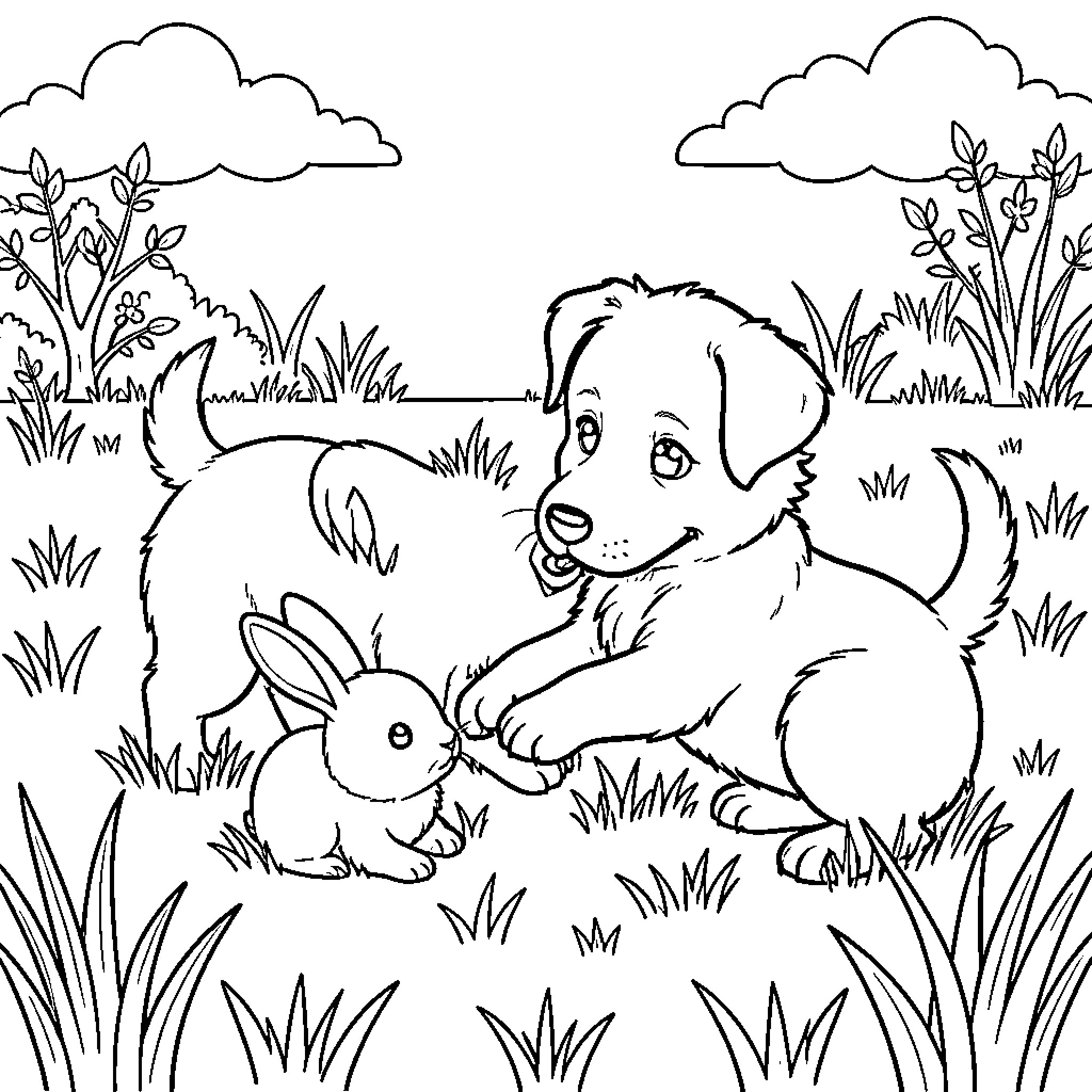 Dog interacting playfully with a small rabbit Coloring Page (free black-and-white line drawing printable PDF for all, from beginners to advanced learners, including children, teens, adults, and seniors)