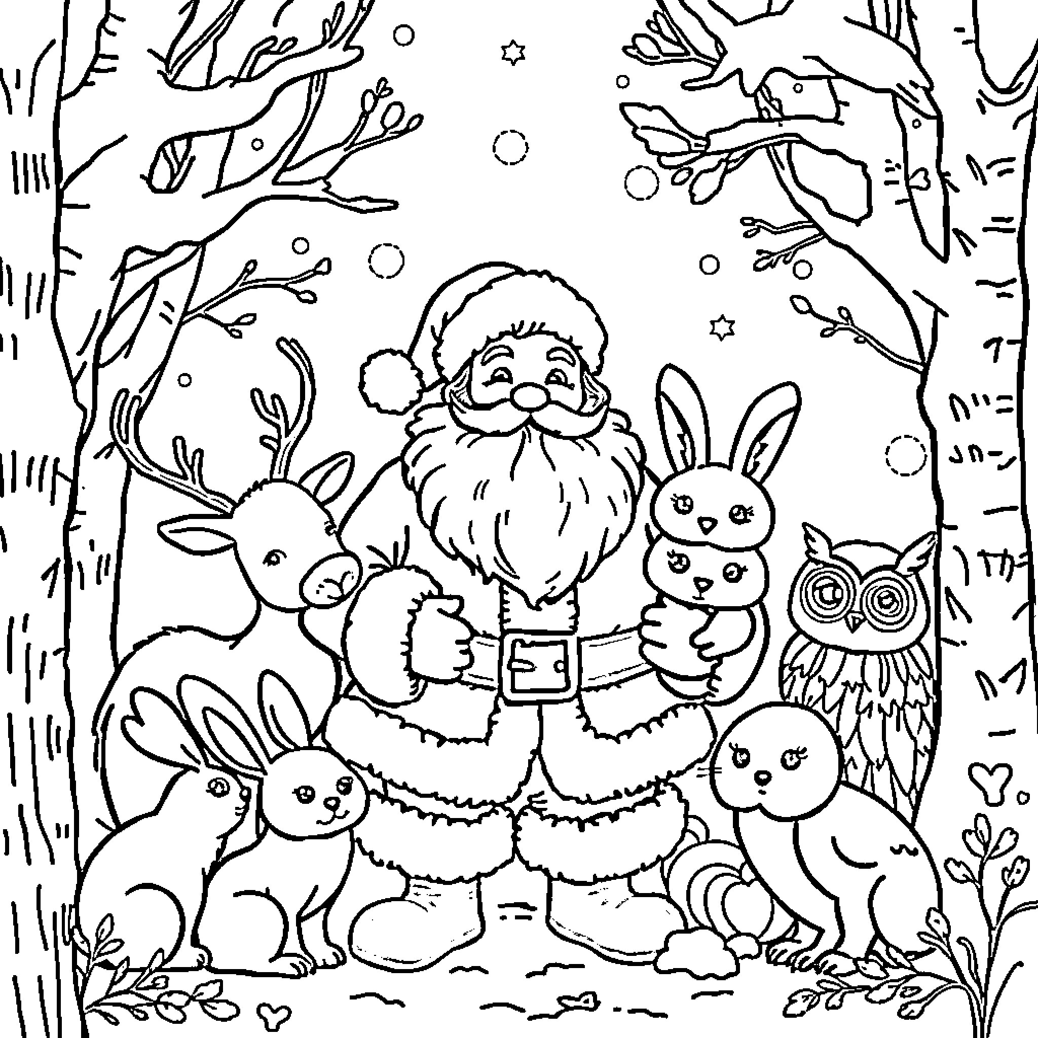 Santa surrounded by cheerful woodland creatures Coloring Page (free black-and-white line drawing printable PDF for all, from beginners to advanced learners, including children, teens, adults, and seniors)