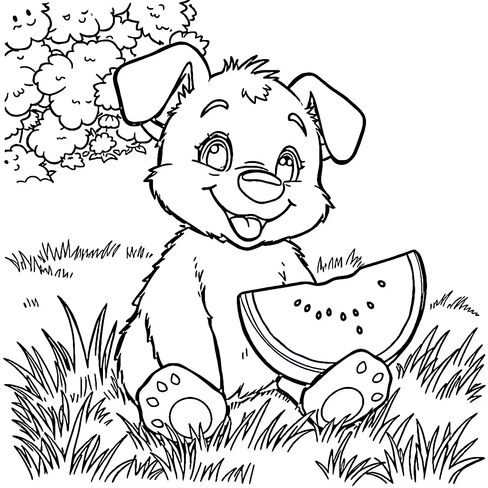 Bluey enjoying a watermelon snack in the garden Coloring Page (free black-and-white line drawing printable PDF for all, from beginners to advanced learners, including children, teens, adults, and seniors)