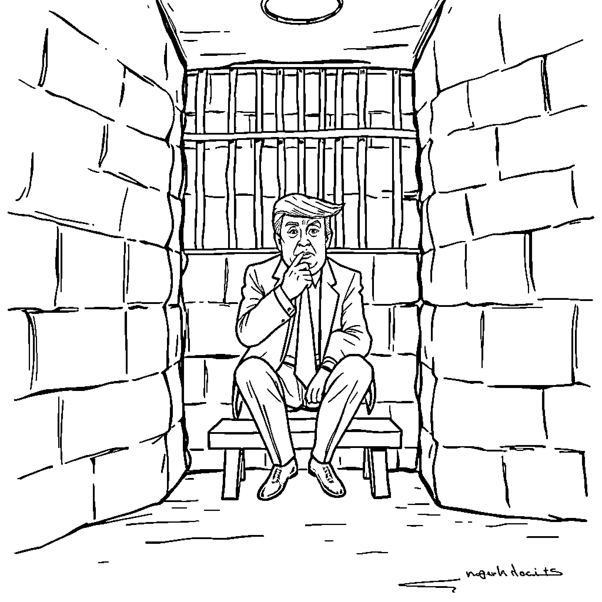 Trump in Contemplation behind Bars Coloring Page (free black-and-white line drawing printable PDF for all, from beginners to advanced learners, including children, teens, adults, and seniors)