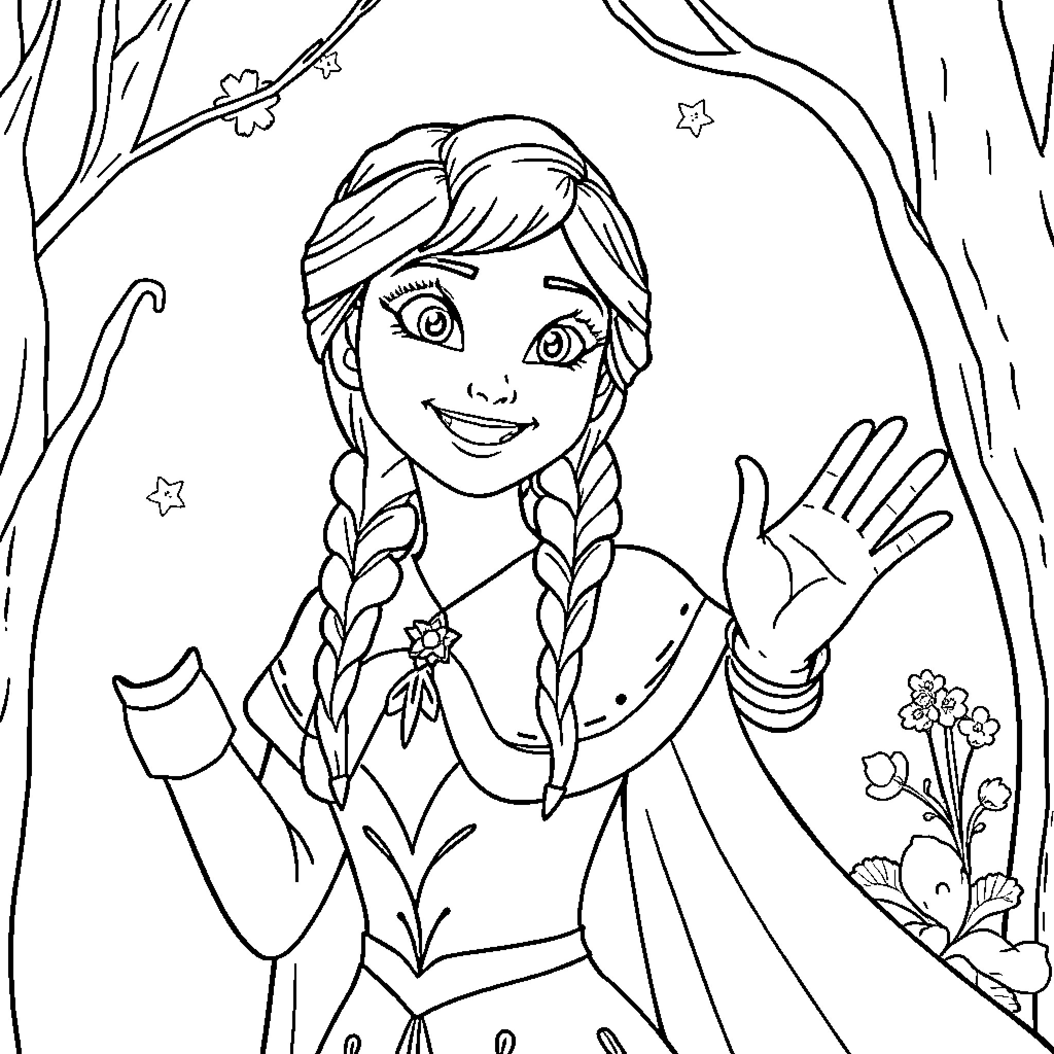Anna's Enchanting Outdoor Adventure Coloring Page (free black-and-white line drawing printable PDF for all, from beginners to advanced learners, including children, teens, adults, and seniors)