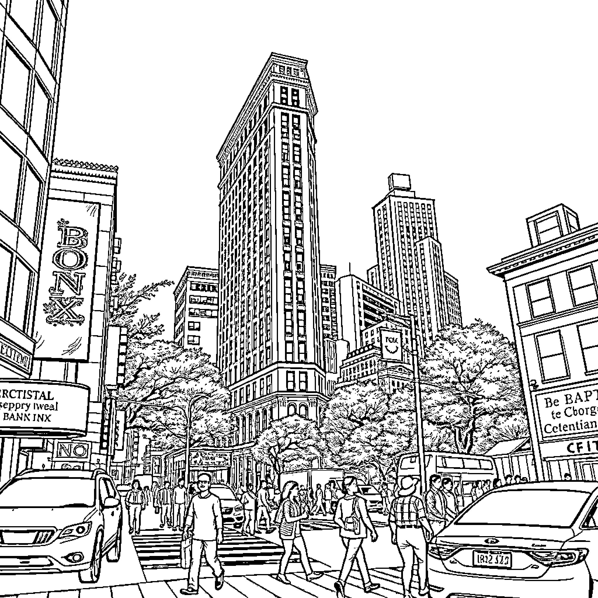 Bronx cityscape with bustling crowds and towering buildings Coloring Page (free black-and-white line drawing printable PDF for all, from beginners to advanced learners, including children, teens, adults, and seniors)