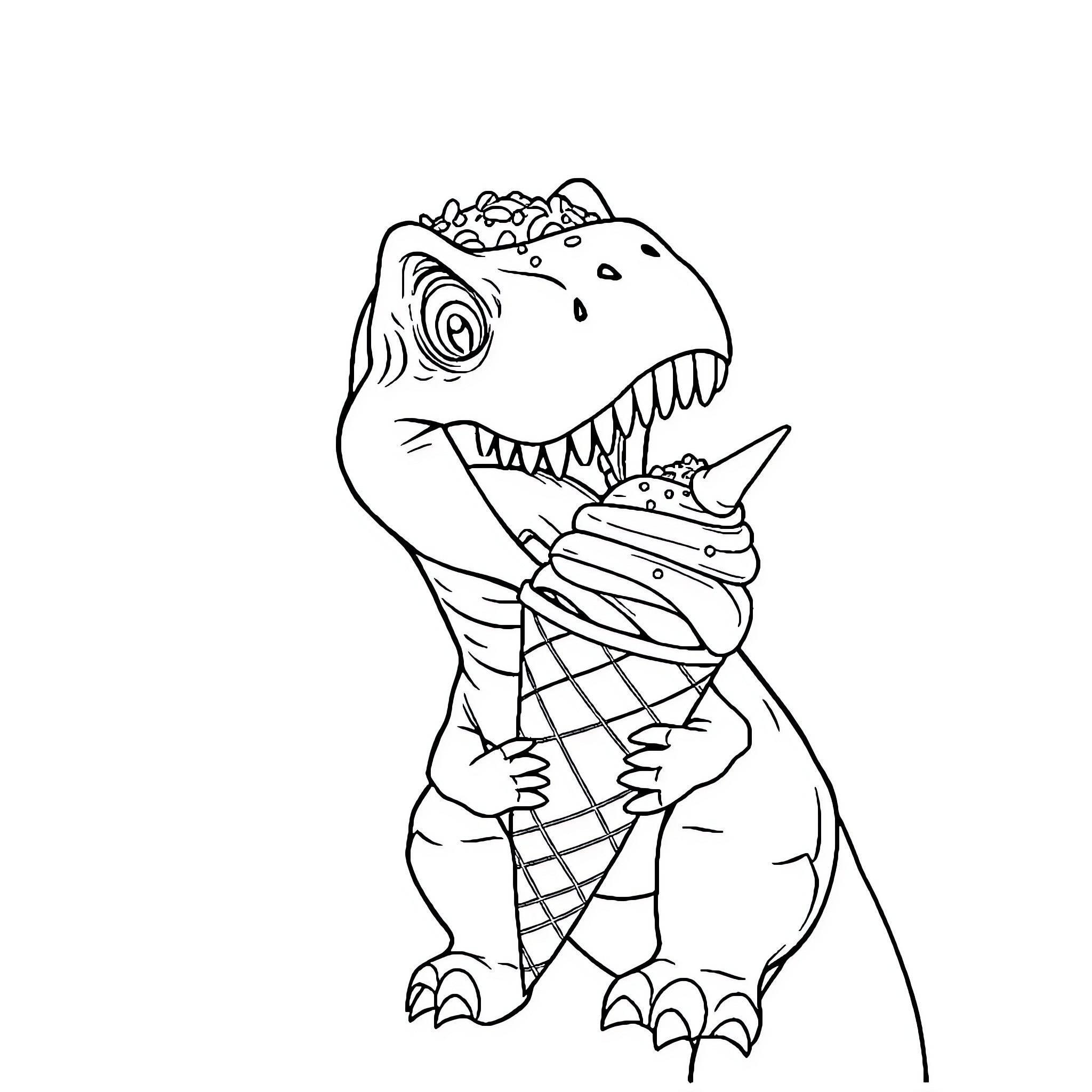 T-Rex enjoying an ice cream cone Coloring Page (free black-and-white line drawing printable PDF for all, from beginners to advanced learners, including children, teens, adults, and seniors)