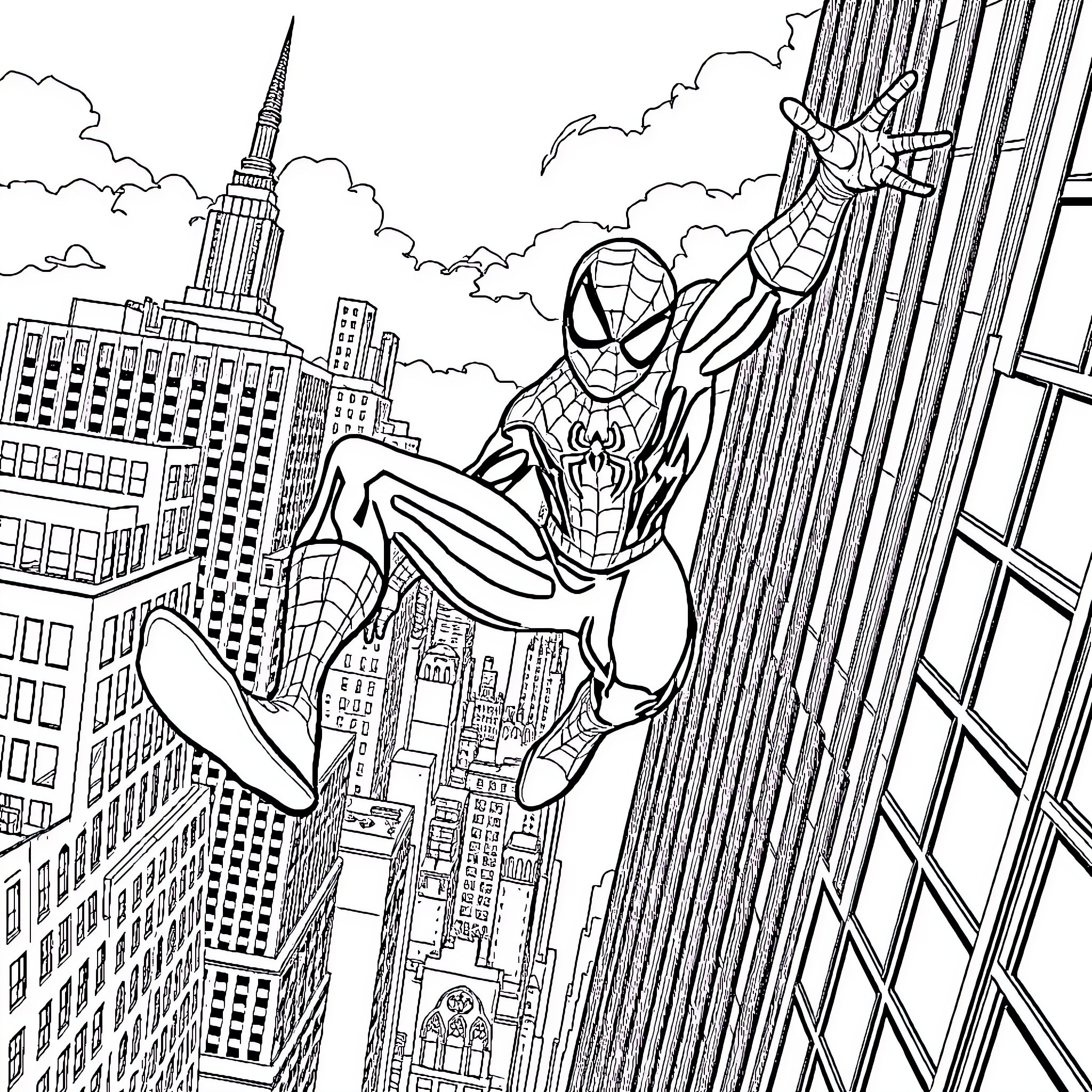 Spider-Man swinging through the city skyline Coloring Page (free black-and-white line drawing printable PDF for all, from beginners to advanced learners, including children, teens, adults, and seniors)