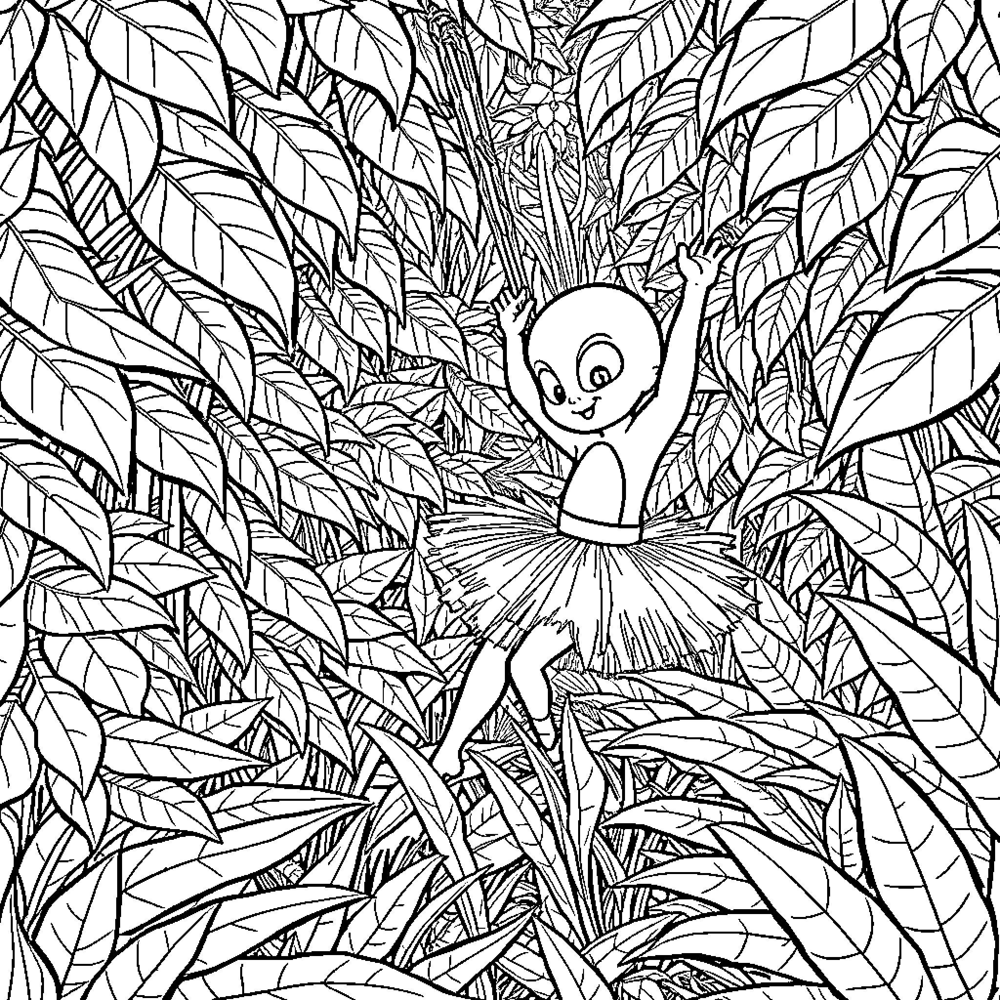 Spider Dancing Gracefully in the Jungle Foliage Coloring Page (free black-and-white line drawing printable PDF for all, from beginners to advanced learners, including children, teens, adults, and seniors)