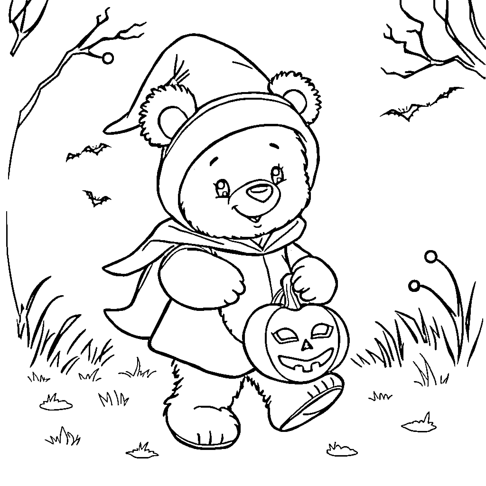 Teddy Bear Trick-or-Treating in the Forest Coloring Page (free black-and-white line drawing printable PDF for all, from beginners to advanced learners, including children, teens, adults, and seniors)
