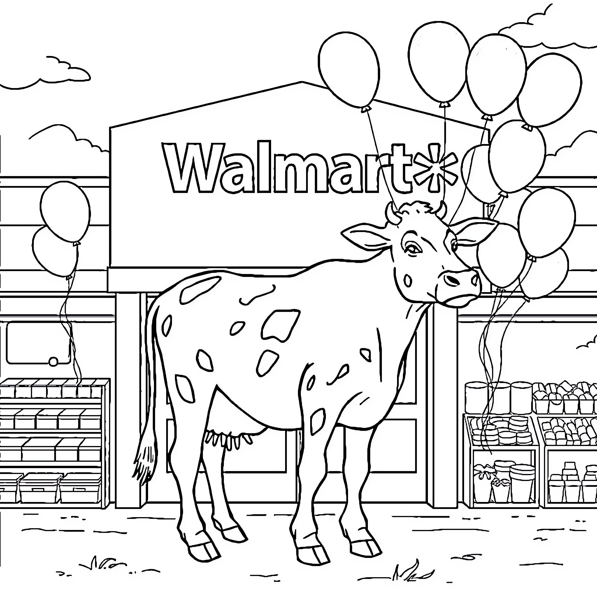 Dairy Cow posing in front of Walmart store Coloring Page (free black-and-white line drawing printable PDF for all, from beginners to advanced learners, including children, teens, adults, and seniors)