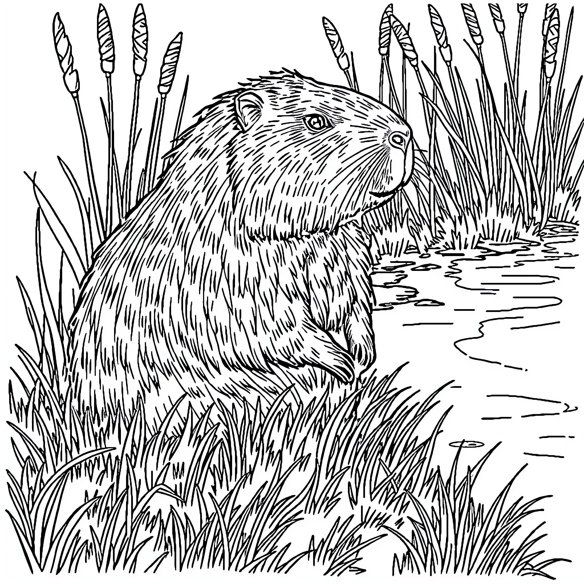 Capybara exploring the tall grass Coloring Page (free black-and-white line drawing printable PDF for all, from beginners to advanced learners, including children, teens, adults, and seniors)