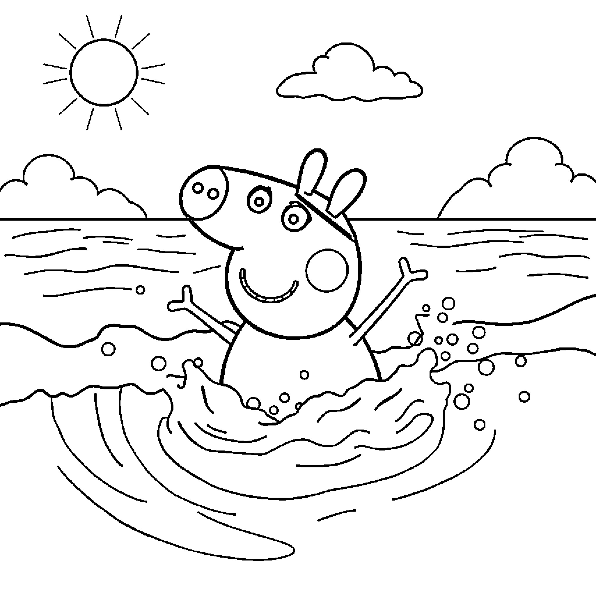 Peppa Pig enjoying a sunny day at the beach Coloring Page (free black-and-white line drawing printable PDF for all, from beginners to advanced learners, including children, teens, adults, and seniors)