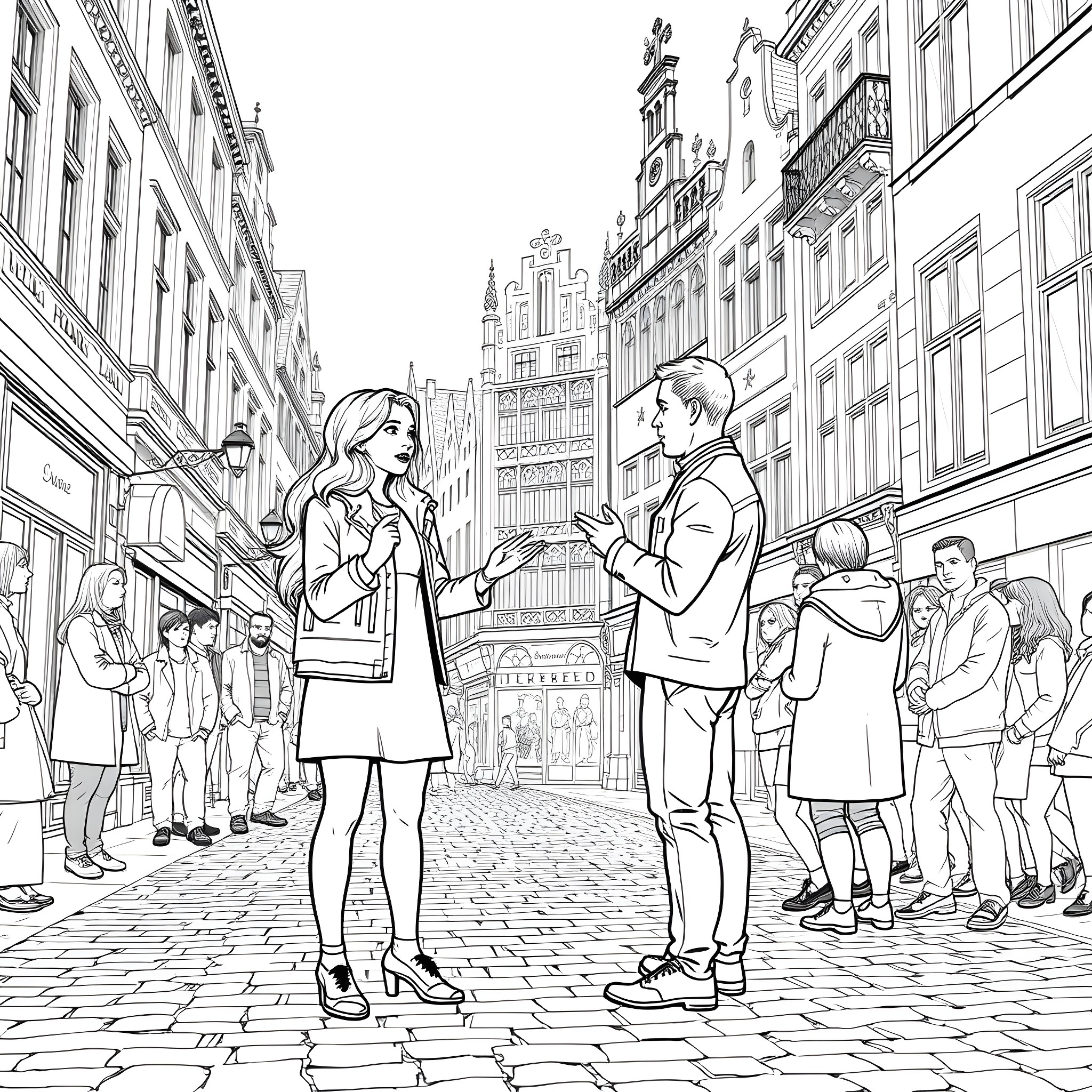 Sofia's Stroll Through a Bustling City Scene Coloring Page (free black-and-white line drawing printable PDF for all, from beginners to advanced learners, including children, teens, adults, and seniors)