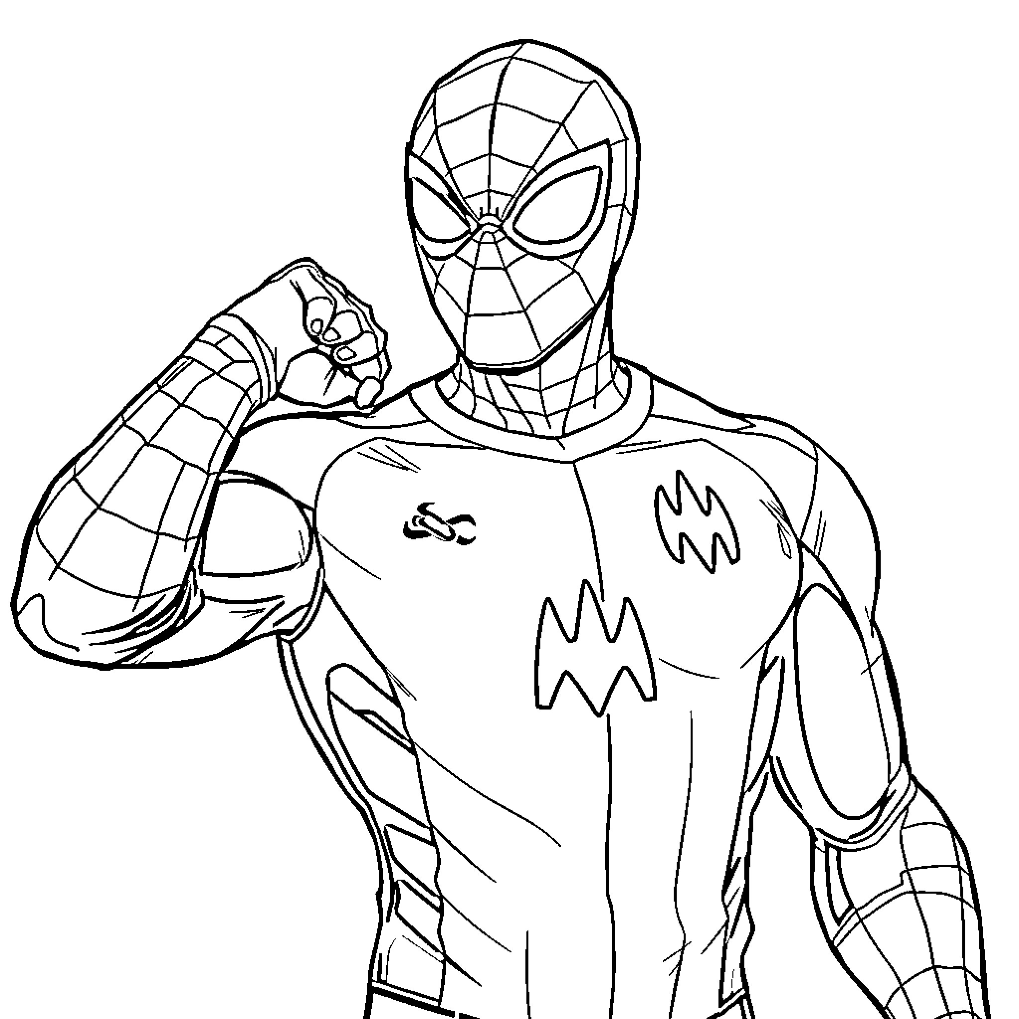 Spiderman in heroic action pose Coloring Page (free black-and-white line drawing printable PDF for all, from beginners to advanced learners, including children, teens, adults, and seniors)