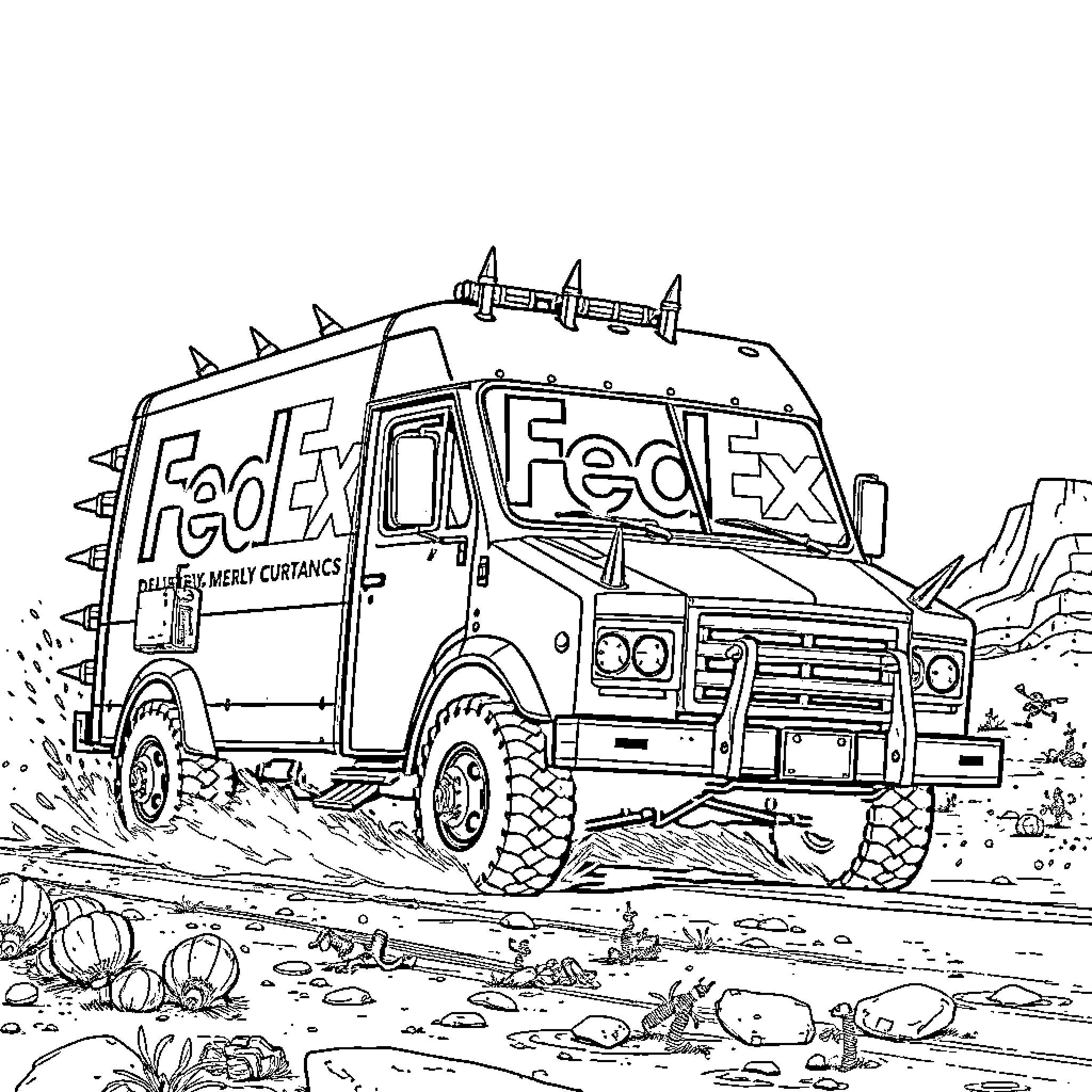 Delivery Van Navigating Rugged Terrain Coloring Page (free black-and-white line drawing printable PDF for all, from beginners to advanced learners, including children, teens, adults, and seniors)