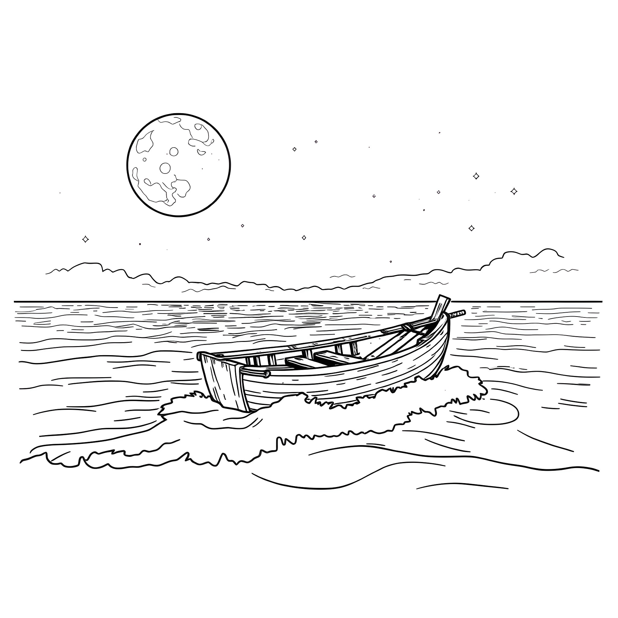 Raft sailing on a moonlit sea Coloring Page (free black-and-white line drawing printable PDF for all, from beginners to advanced learners, including children, teens, adults, and seniors)