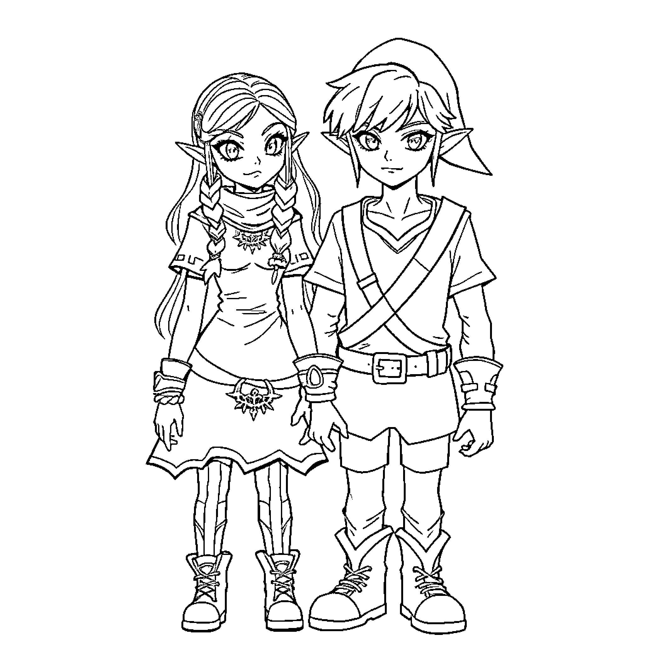 Princess Zelda and Link on an adventure Coloring Page (free black-and-white line drawing printable PDF for all, from beginners to advanced learners, including children, teens, adults, and seniors)