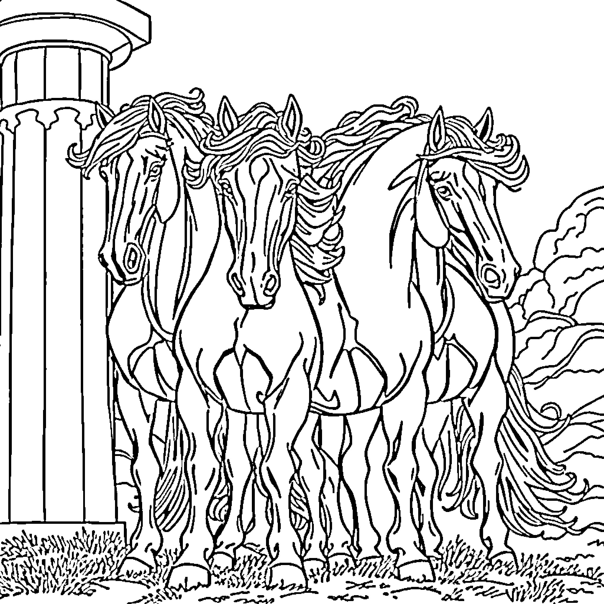 Horse Herd Galloping Freely in the Wild Coloring Page (free black-and-white line drawing printable PDF for all, from beginners to advanced learners, including children, teens, adults, and seniors)