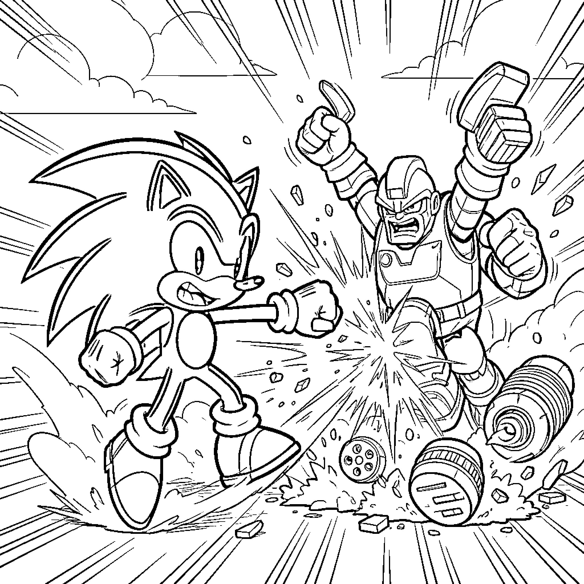 Sonic confronting a powerful robot in action Coloring Page (free black-and-white line drawing printable PDF for all, from beginners to advanced learners, including children, teens, adults, and seniors)