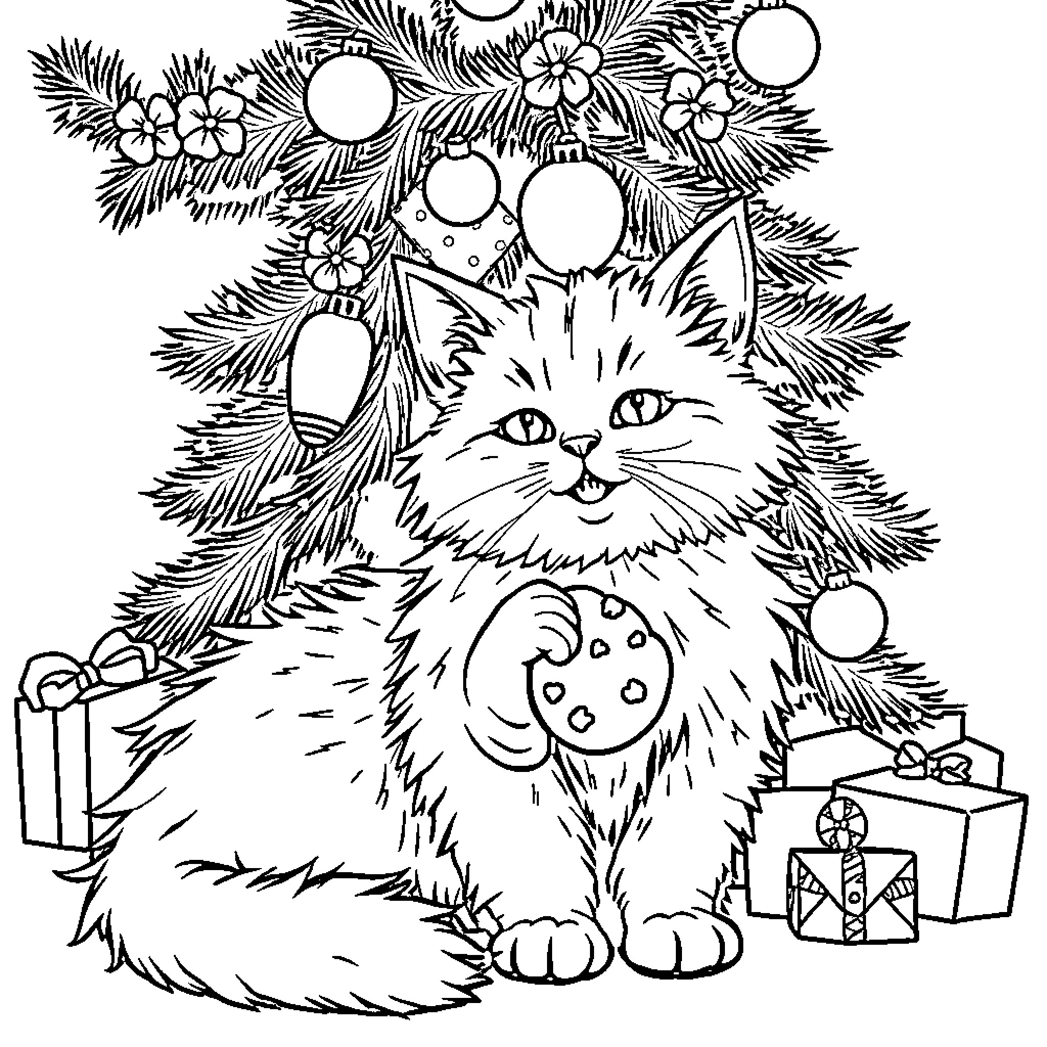 Cat with Festive Decorations Coloring Page (free black-and-white line drawing printable PDF for all, from beginners to advanced learners, including children, teens, adults, and seniors)