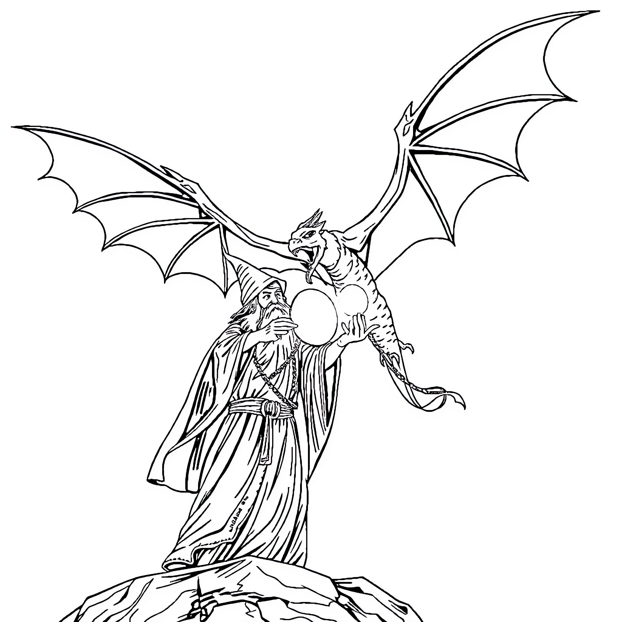 Wizard commanding a powerful dragon creature Coloring Page (free black-and-white line drawing printable PDF for all, from beginners to advanced learners, including children, teens, adults, and seniors)