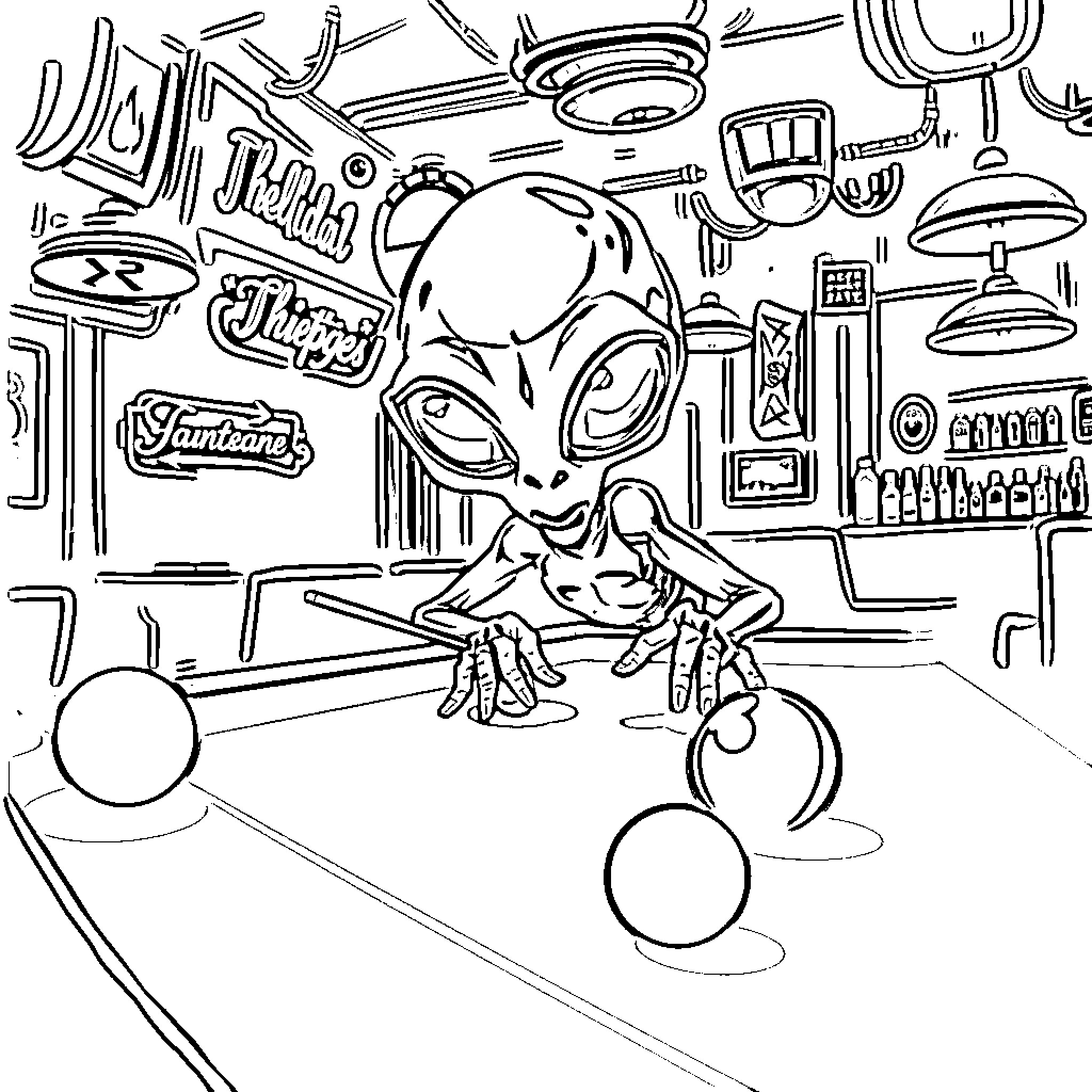 Alien exploring a mysterious futuristic environment Coloring Page (free black-and-white line drawing printable PDF for all, from beginners to advanced learners, including children, teens, adults, and seniors)