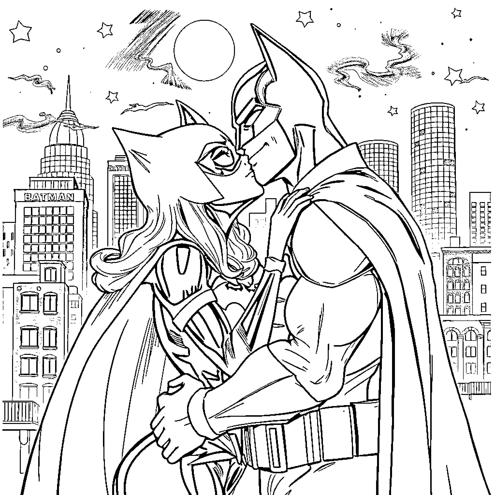 Batman fighting crime in the city Coloring Page (free black-and-white line drawing printable PDF for all, from beginners to advanced learners, including children, teens, adults, and seniors)