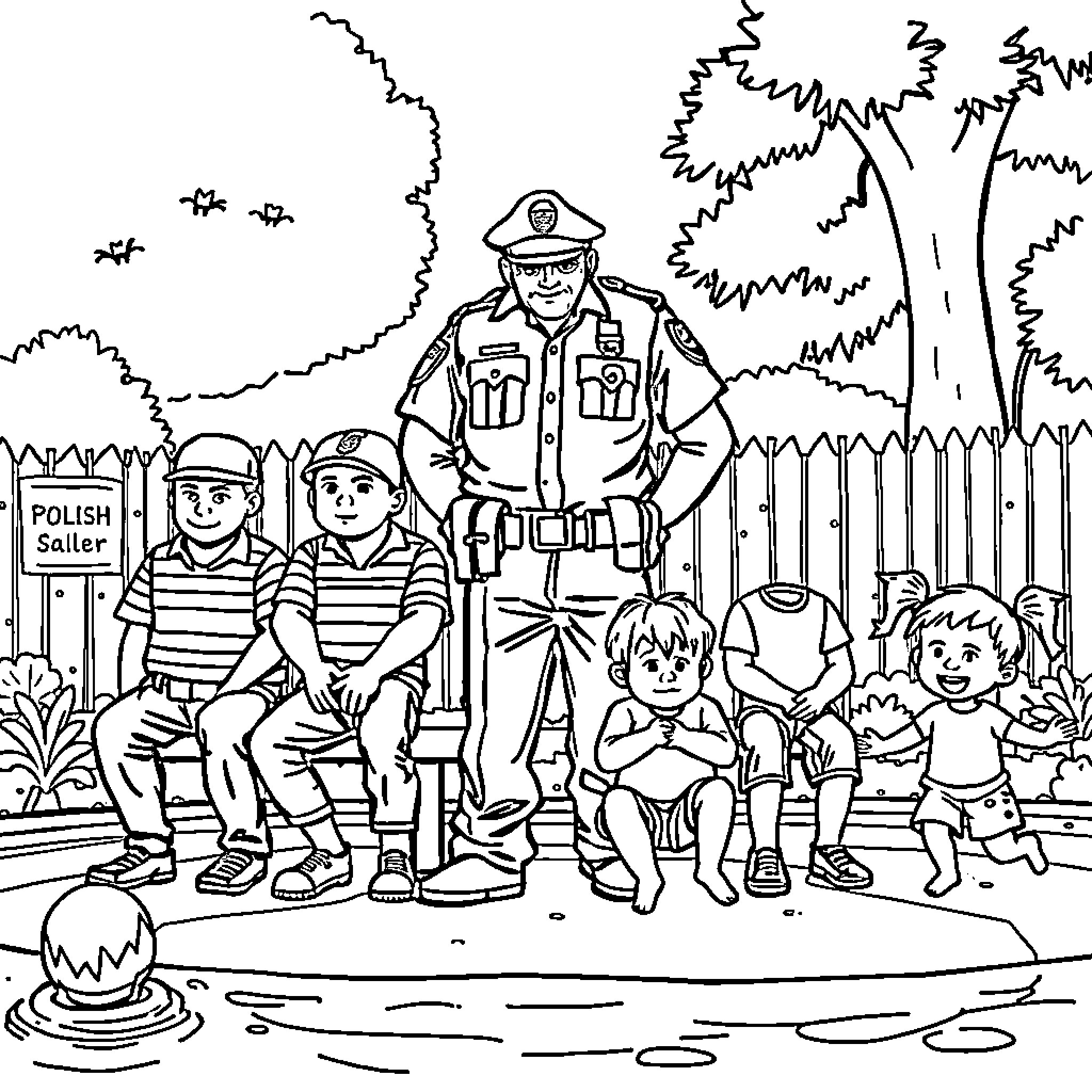 Police Officer Interacting with Children in a Park Coloring Page (free black-and-white line drawing printable PDF for all, from beginners to advanced learners, including children, teens, adults, and seniors)