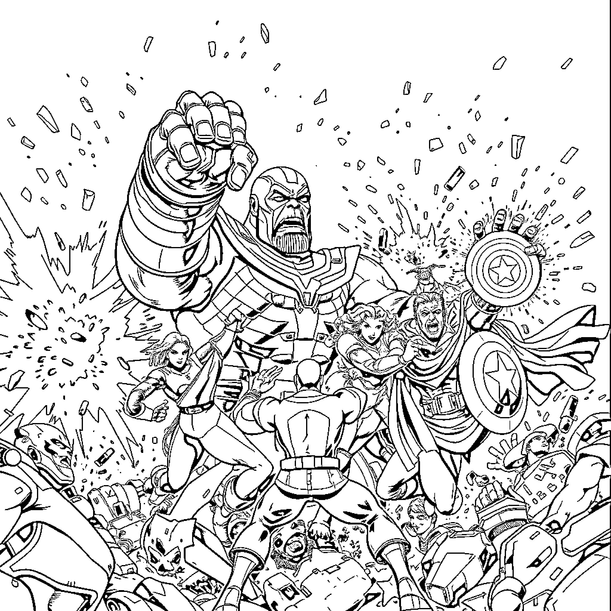 Avenger Superheroes in Epic Battle Chaos Coloring Page (free black-and-white line drawing printable PDF for all, from beginners to advanced learners, including children, teens, adults, and seniors)
