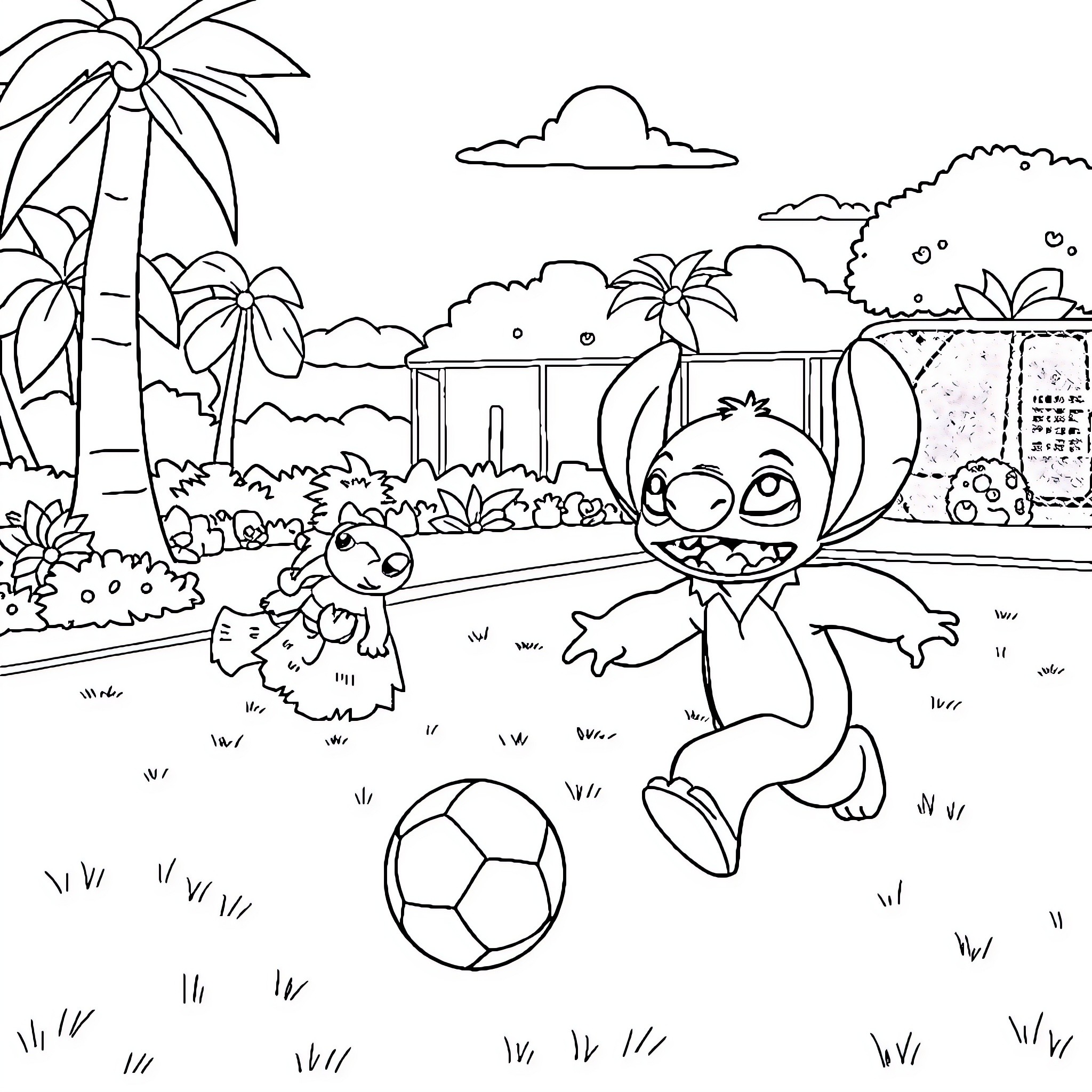 Lilo And Stitch Playing Soccer in Tropical Backyard Coloring Page (free black-and-white line drawing printable PDF for all, from beginners to advanced learners, including children, teens, adults, and seniors)