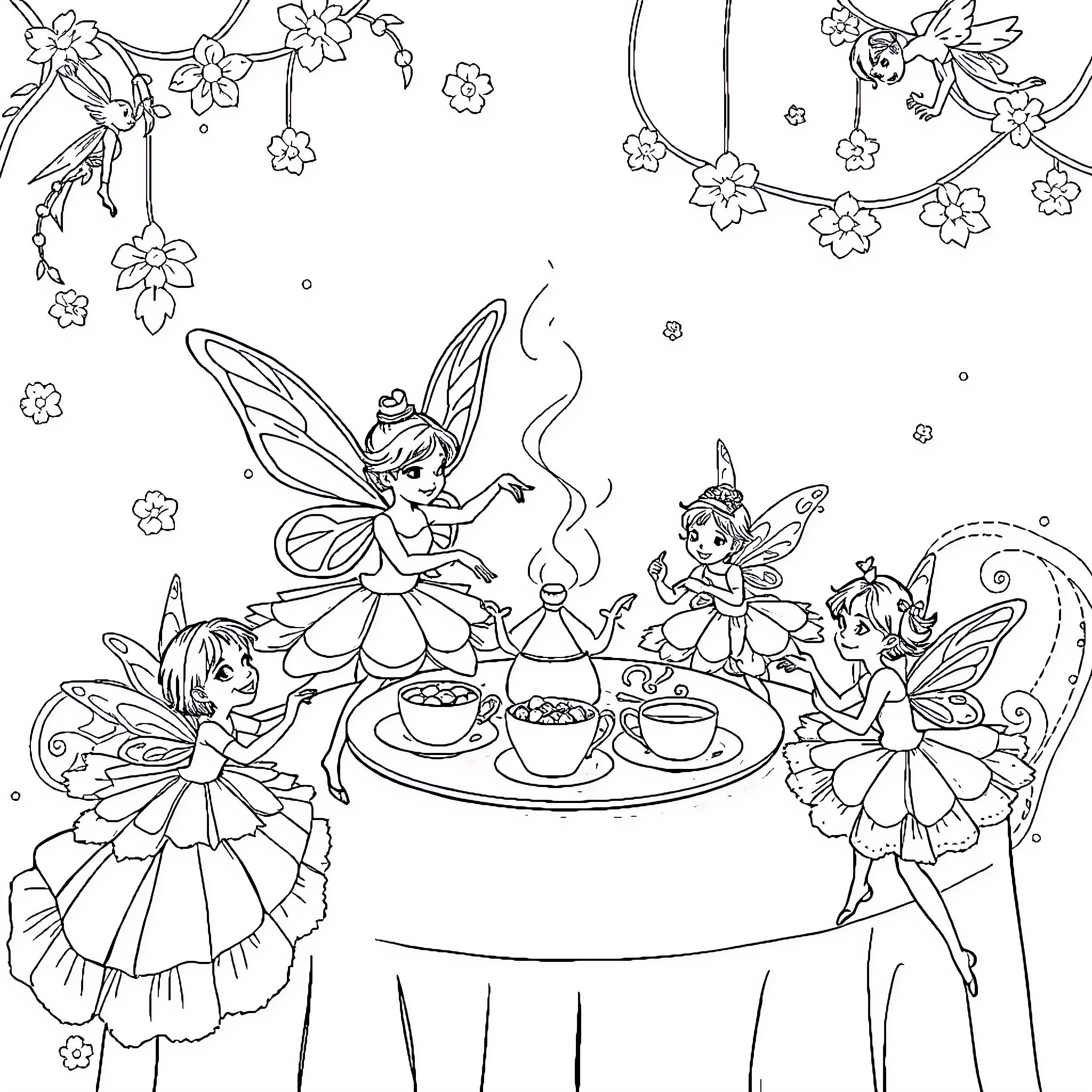 Ballerina fairies having a tea party in the garden Coloring Page (free black-and-white line drawing printable PDF for all, from beginners to advanced learners, including children, teens, adults, and seniors)