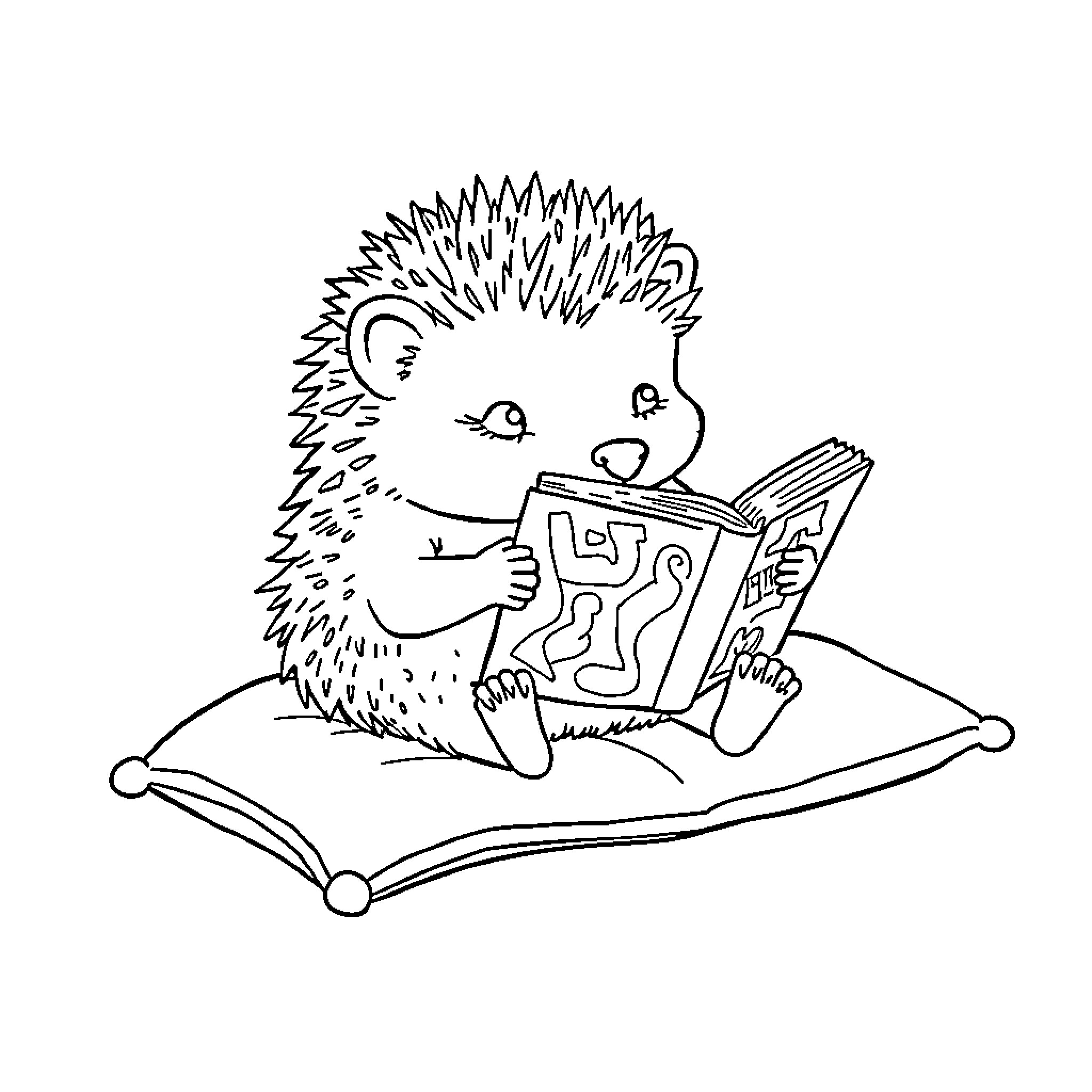 Hedgehog reading a book on a cozy pillow Coloring Page (free black-and-white line drawing printable PDF for all, from beginners to advanced learners, including children, teens, adults, and seniors)