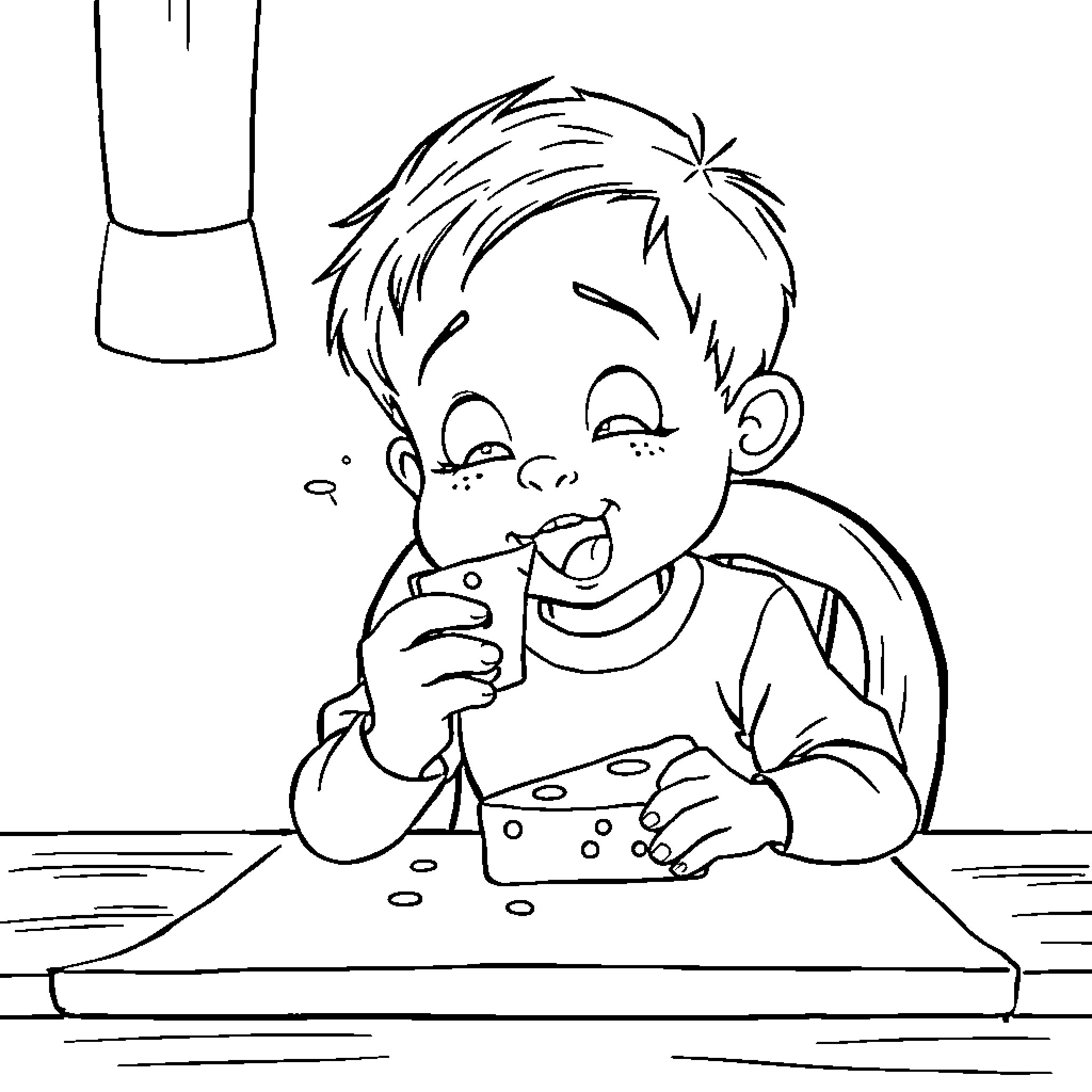 Boy enjoying a tasty treat Coloring Page (free black-and-white line drawing printable PDF for all, from beginners to advanced learners, including children, teens, adults, and seniors)