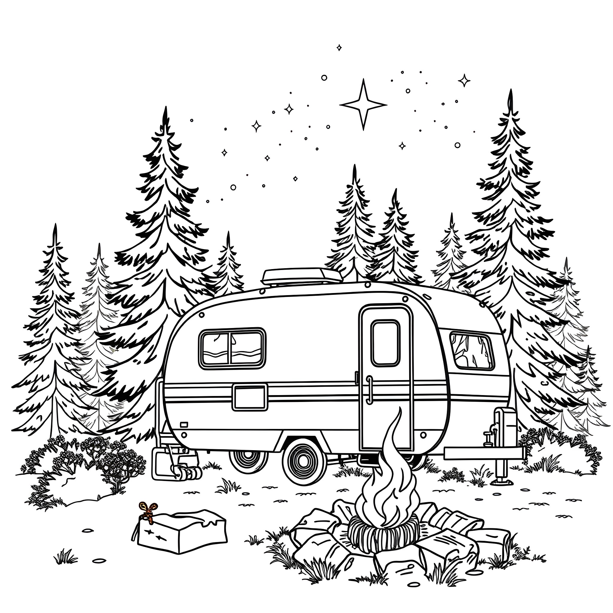 Trailer for winter camping adventure in snowy forest Coloring Page (free black-and-white line drawing printable PDF for all, from beginners to advanced learners, including children, teens, adults, and seniors)