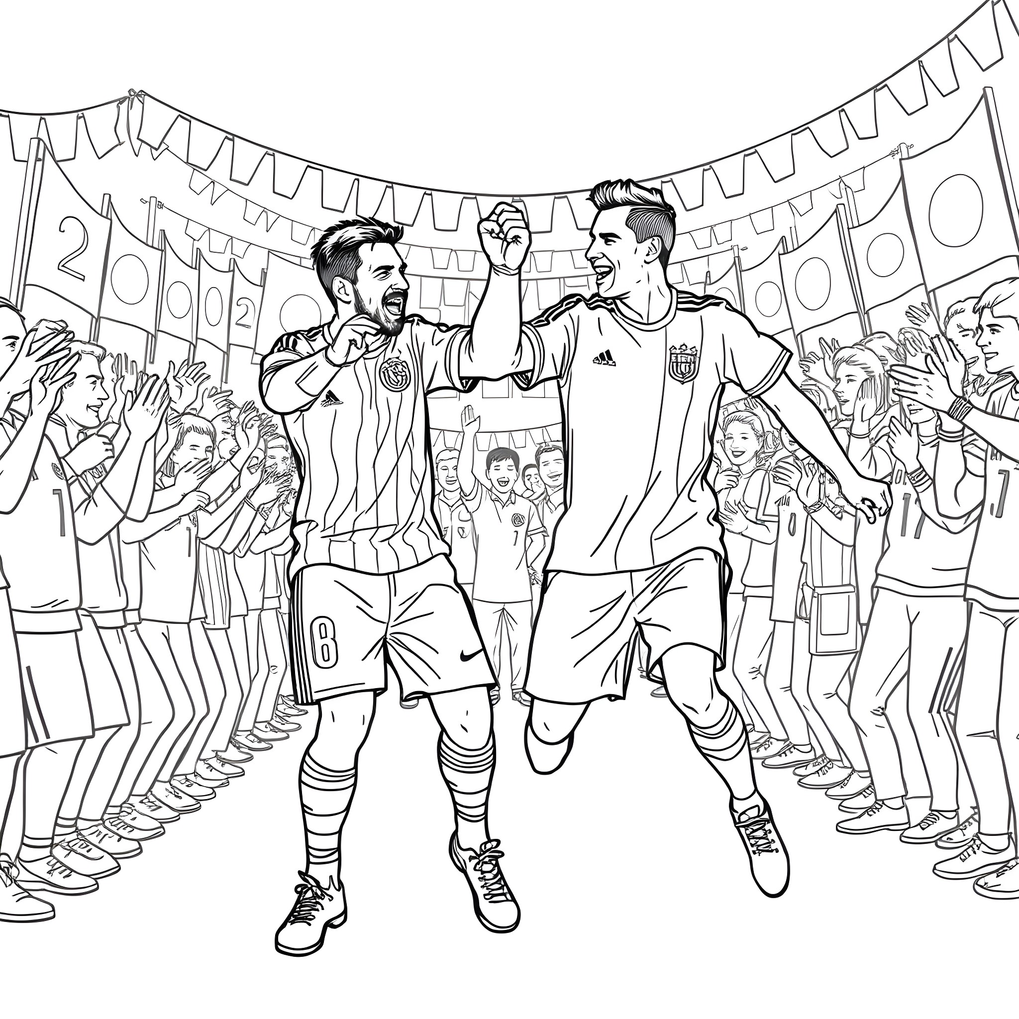 Messi celebrating with teammates after a match Coloring Page (free black-and-white line drawing printable PDF for all, from beginners to advanced learners, including children, teens, adults, and seniors)
