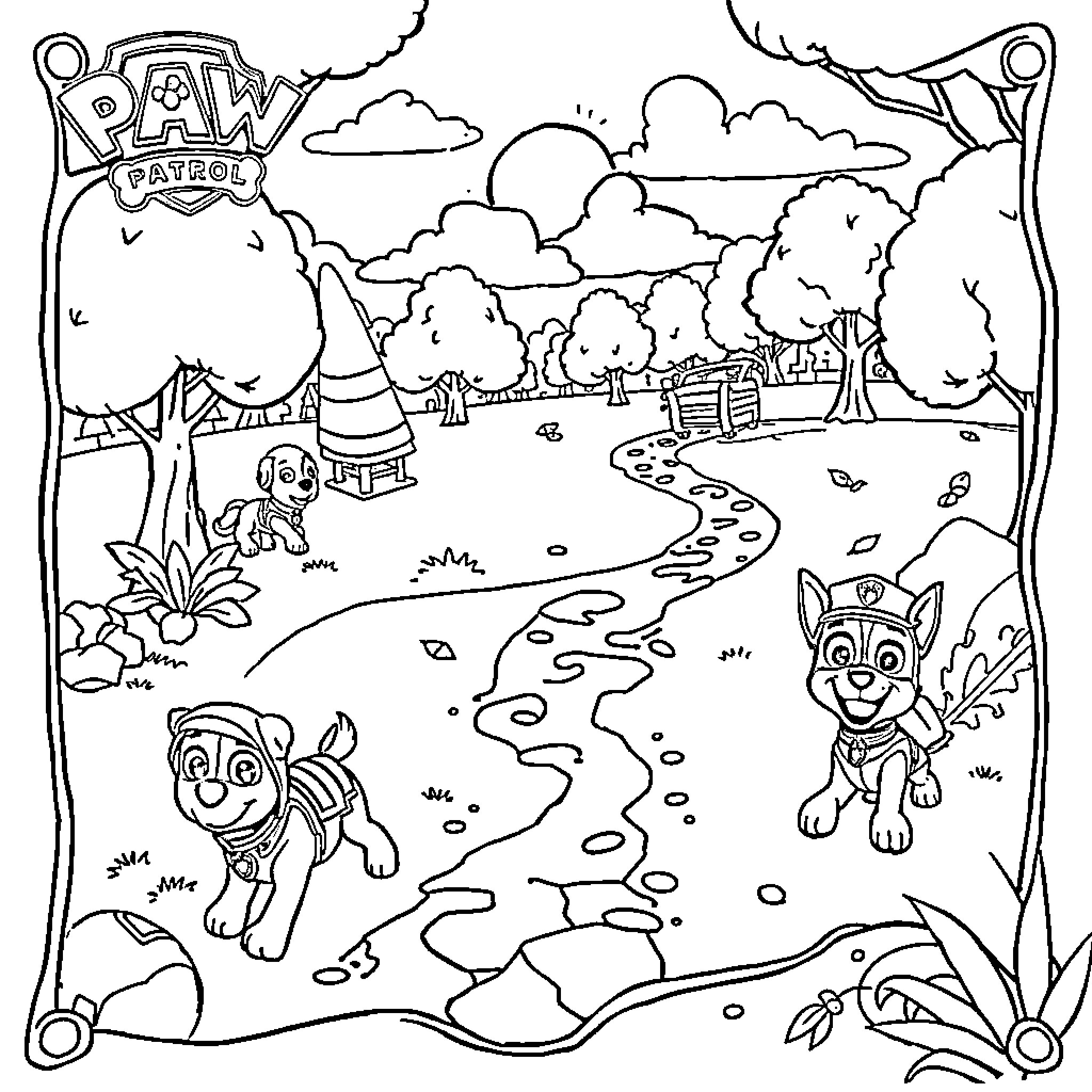 Treasure Map of Paw Patrol Adventure Coloring Page (free black-and-white line drawing printable PDF for all, from beginners to advanced learners, including children, teens, adults, and seniors)
